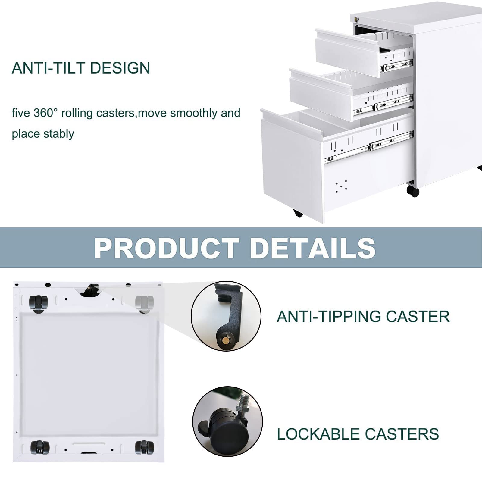 3-Drawer Rolling File Cabinet with Lock - Under Desk Mobile Storage Organizer - White Metal Filing Cabinet with Wheels for Legal/Letter Size Documents - Perfect for Home Office, Classroom & Small Business Organization