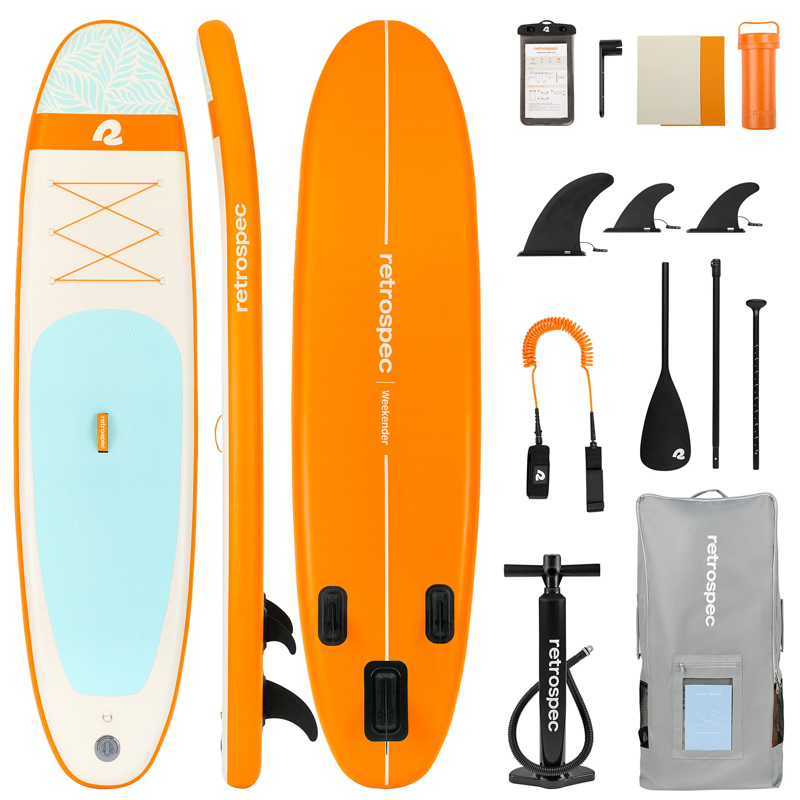 Retrospec Weekender 10' Inflatable Stand Up Paddle Board (ISUP) with Premium Accessories - Includes Carrying Bag, Adjustable Aluminum Paddle, 3 Removable Fins, Hand Pump & Phone Case - Perfect for Yoga, Fishing & Water Adventures