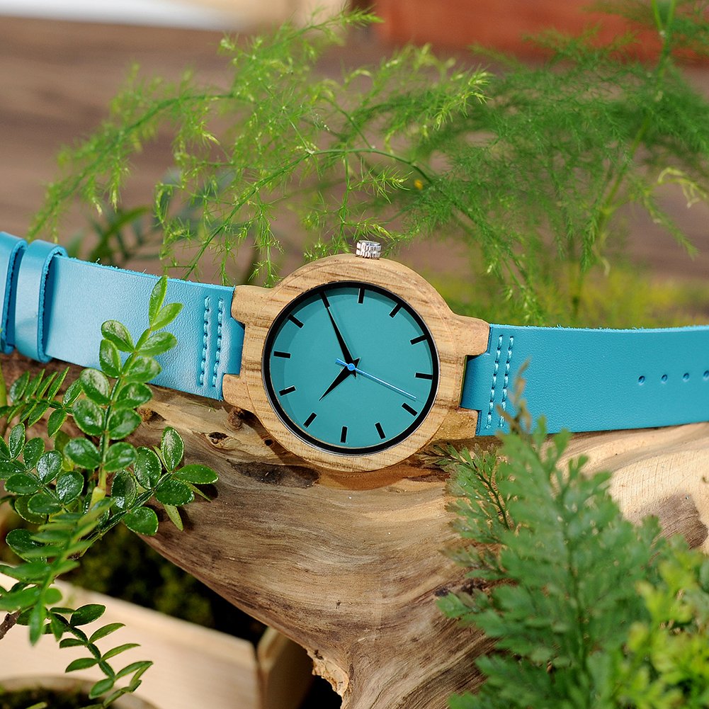 BOBO BIRD Bamboo Wooden Watch for Men & Women - Blue Cowhide Leather Strap, Casual Fashion Timepiece with Gift Box | Perfect for Everyday Wear, Anniversary Gifts & Eco-Friendly Lifestyle