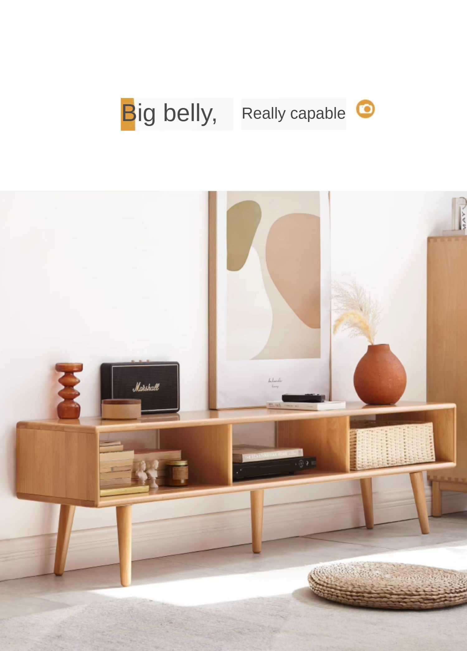 Solid Beech Wood TV Stand with Open Storage - Modern Entertainment Center for Living Room, Bedroom & Home Theater