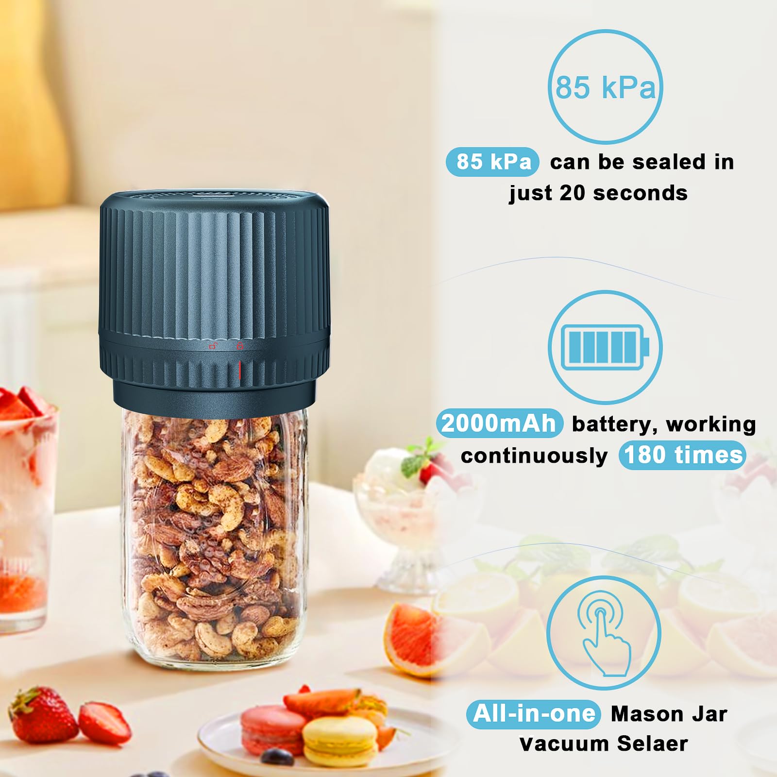 Electric Mason Jar Vacuum Sealer Kit - Cordless Wide & Regular Mouth Jar Sealer with 2000mAh Battery & 85KPa Vacuum for Food Storage | Preserve Fruits, Vegetables, Dry Goods & Meal Prep | Blue