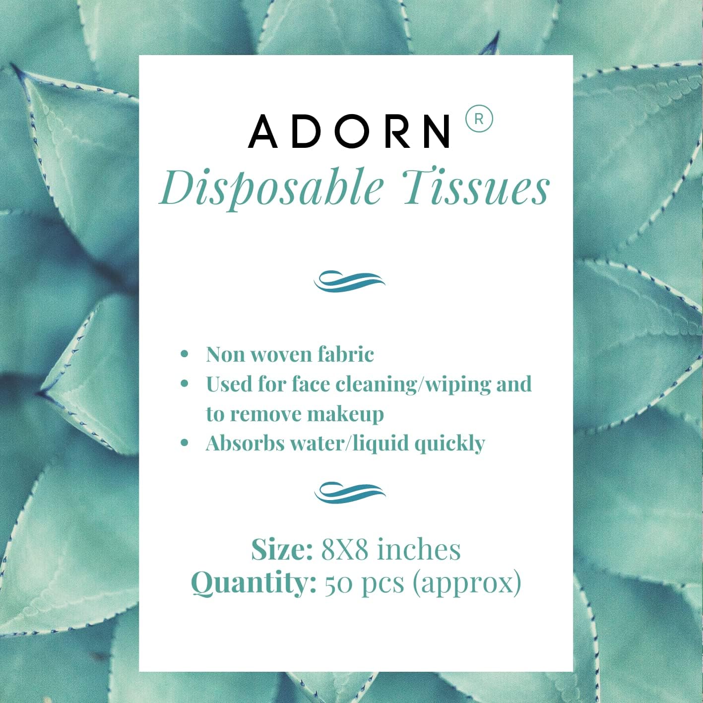 ADORN Disposable Non-Woven Fabric Facial Tissues (8x8 Inches, 50 Pack) - Soft & Hypoallergenic for Makeup Removal, Spa, and First Aid Care