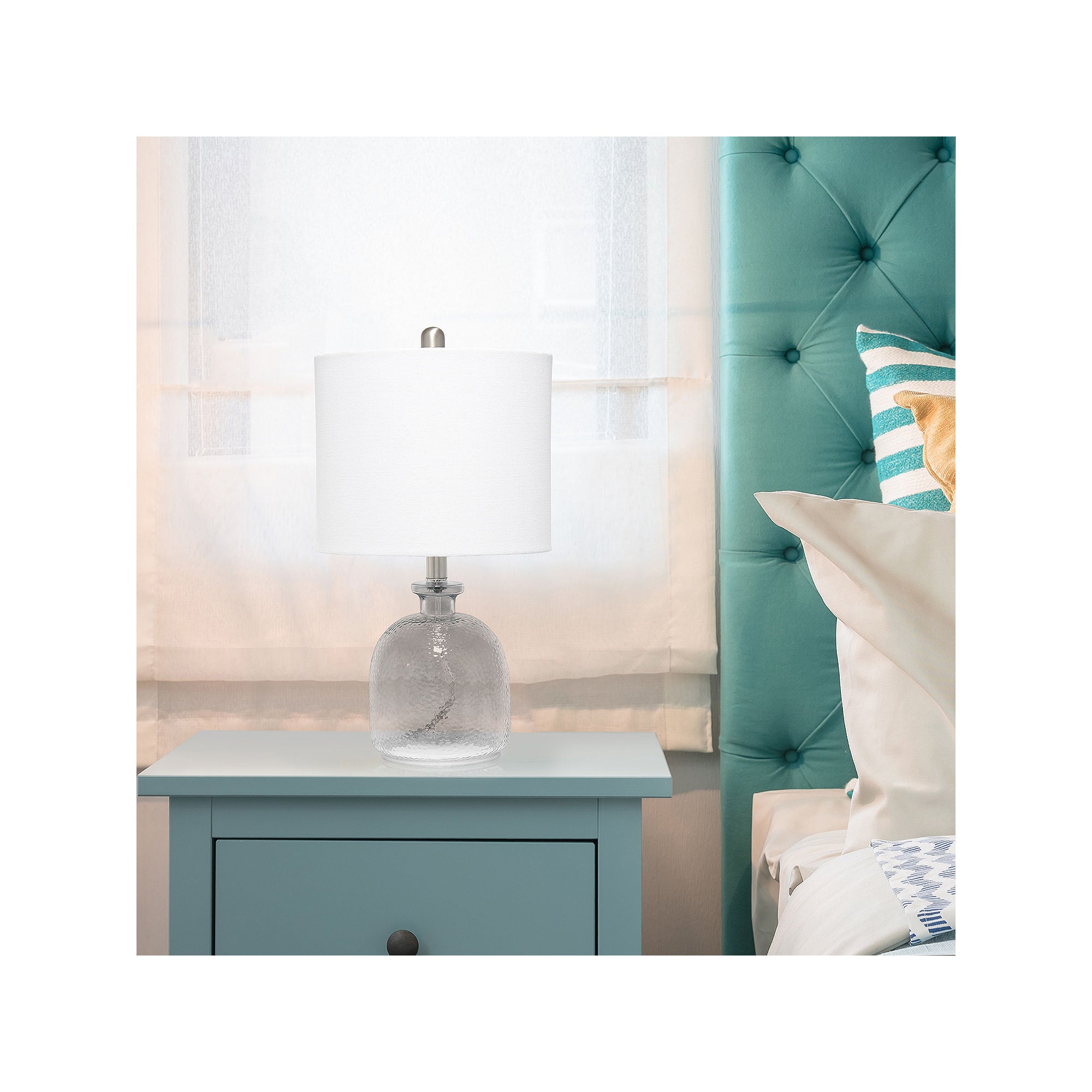 Lalia Home Hammered Glass Jar Table Lamp with Linen Shade - Smoke Gray & White - Elegant Bedside, Living Room, or Office Lighting Decor