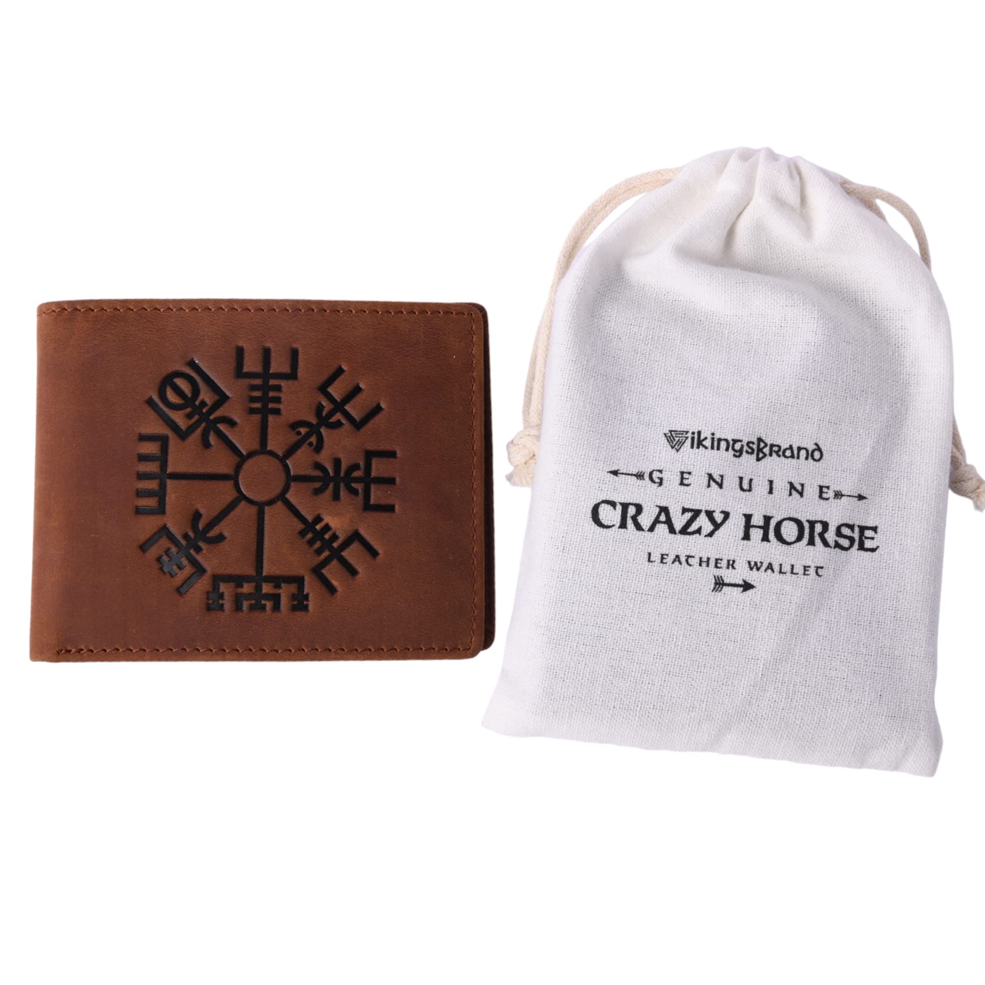 Viking Vegvisir Engraved RFID Blocking Leather Wallet - Genuine Crazy Horse Leather Bifold Wallet with Runic Compass Design for Men, Holds 10 Cards (Brown) - Perfect for Travel, Daily Use & Gift Giving