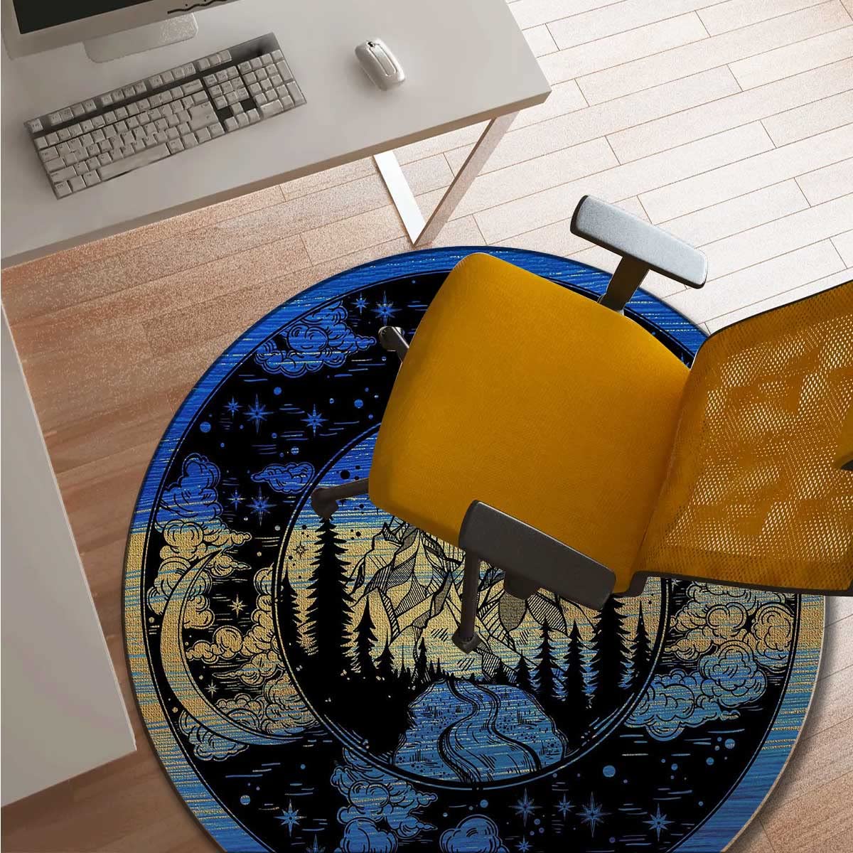 Non-Slip Blue High Chair Mat with Mountains & Night Sky Design - 43 Inch Office Chair Floor Protector for Gaming Desks, Home & Office Use - Perfect for Hardwood Floors & Carpet Protection