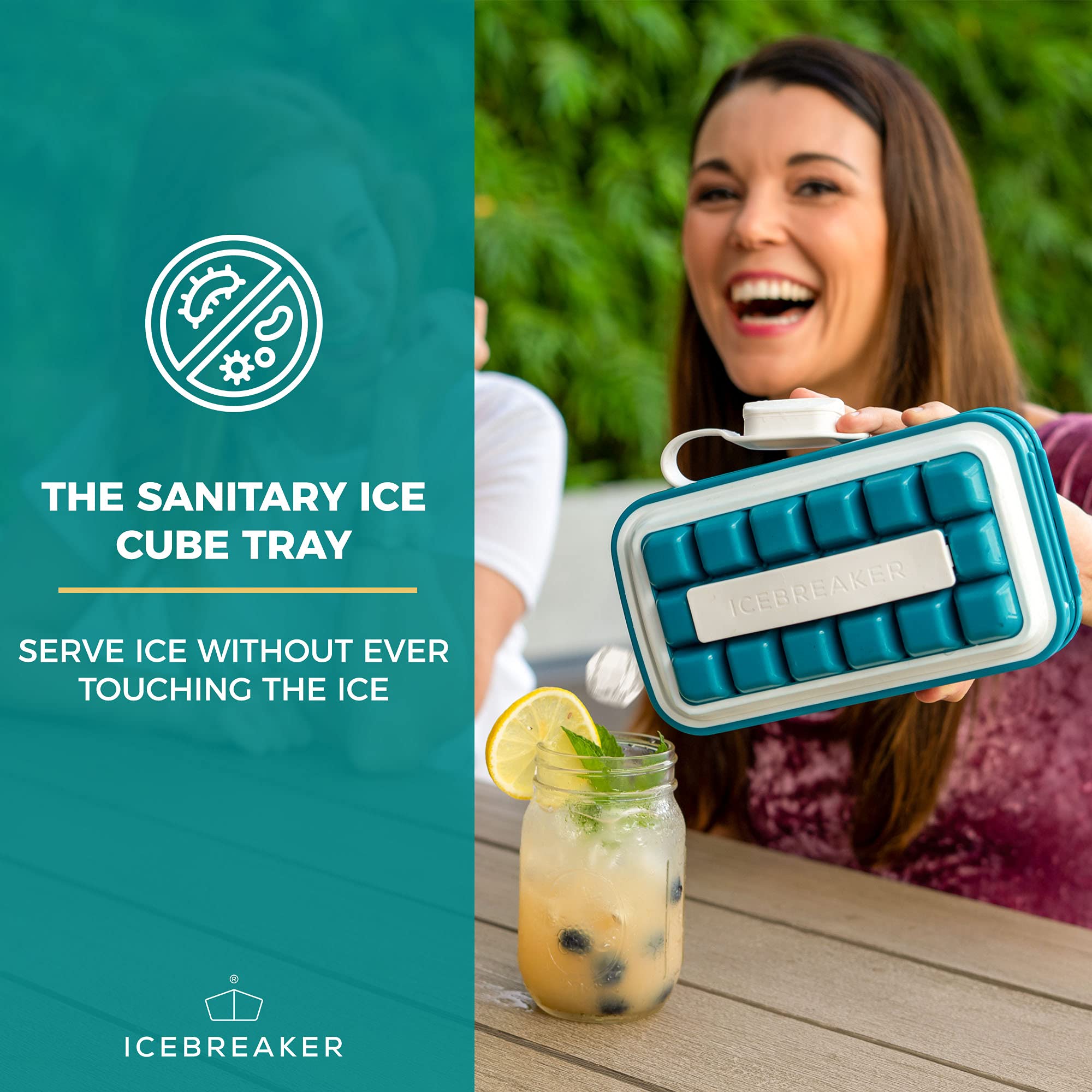 ICEBREAKER POP 4-in-1 Sanitary Silicone Ice Cube Tray with Lid - Ice Dispenser, Maker, Storage Bin & Ice Pack - Touch-Free Ice Making for Freezer - Perfect for Cocktails, Beverages & Party Serving