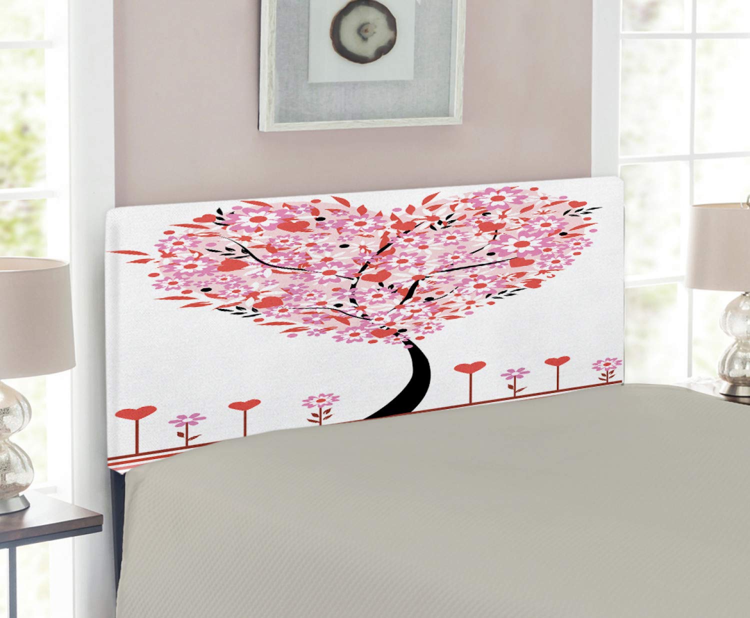 Ambesonne Valentine Upholstered Headboard - Heart Shaped Tree with Daisies Wildflowers Design, Red Leaves Forest Romance Theme, Decorative Metal Bed Frame with Memory Foam, Twin Size Multicolor | Perfect for Romantic Bedroom Decor, Valentine's Day Gift & Master Bedroom Makeover