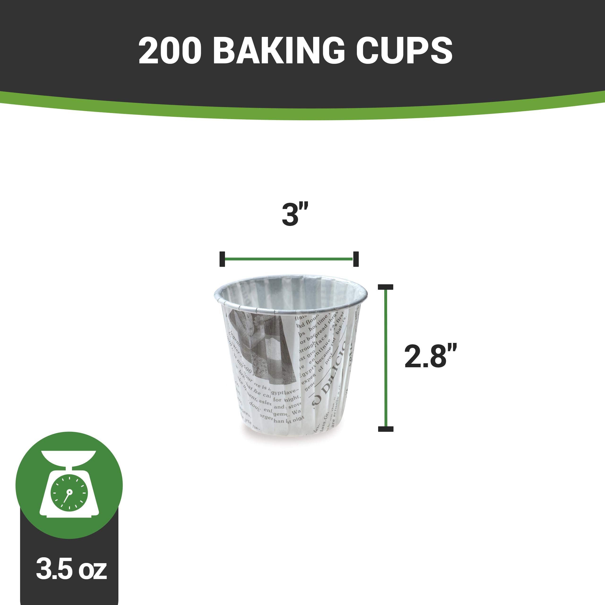 Restaurantware Panificio 3.5 Ounce Baking Cups - 200 Count Pleated Cupcake Liners | Oven-Safe, Freezer-Safe Black & White Paper Muffin Wrappers | Disposable Newsprint Design for Wedding Parties, Baby Showers & Birthday Celebrations | Perfect for Baking, Dessert Displays & Party Favors