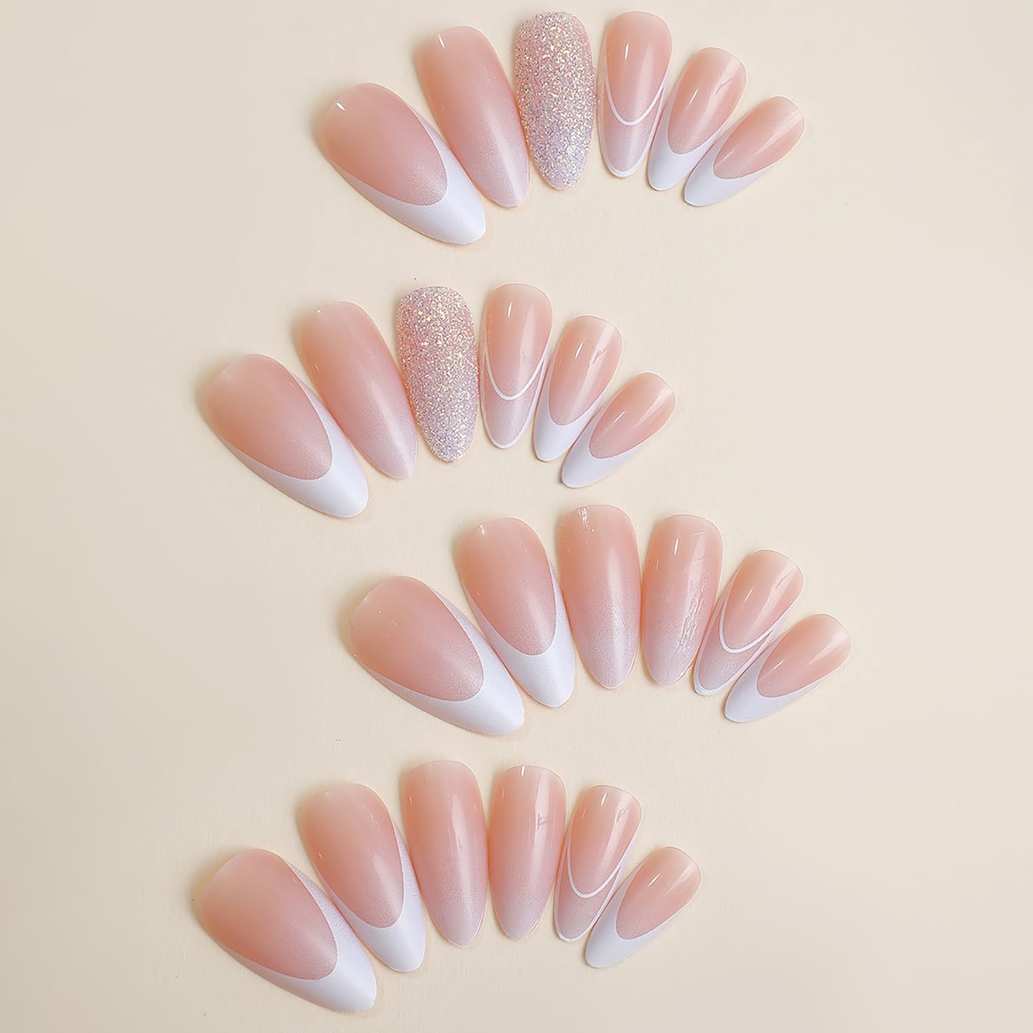 24 Pcs Nude Press on Nails Almond Shape - GRITOSE Medium Fake Nails with French Tip & Broken Diamond Design, Full Cover Glossy False Nails, Acrylic Artificial Nails for Women, Perfect for Parties, Weddings & Daily Wear