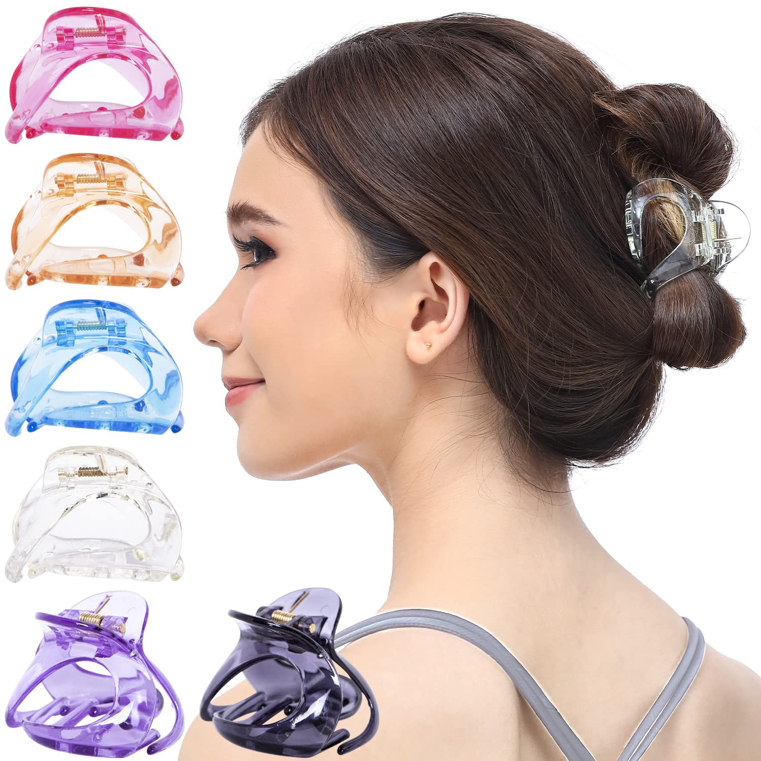 6 Pcs Women's Oval Hollow Curved Jaw Clamp Barrette Hair Clips - No Slip Grip Interlocking Teeth Plastic Hair Accessories for Girls & Women (Medium, Transparent Multicolor) - Perfect for School, Work, Parties & Everyday Hairstyles