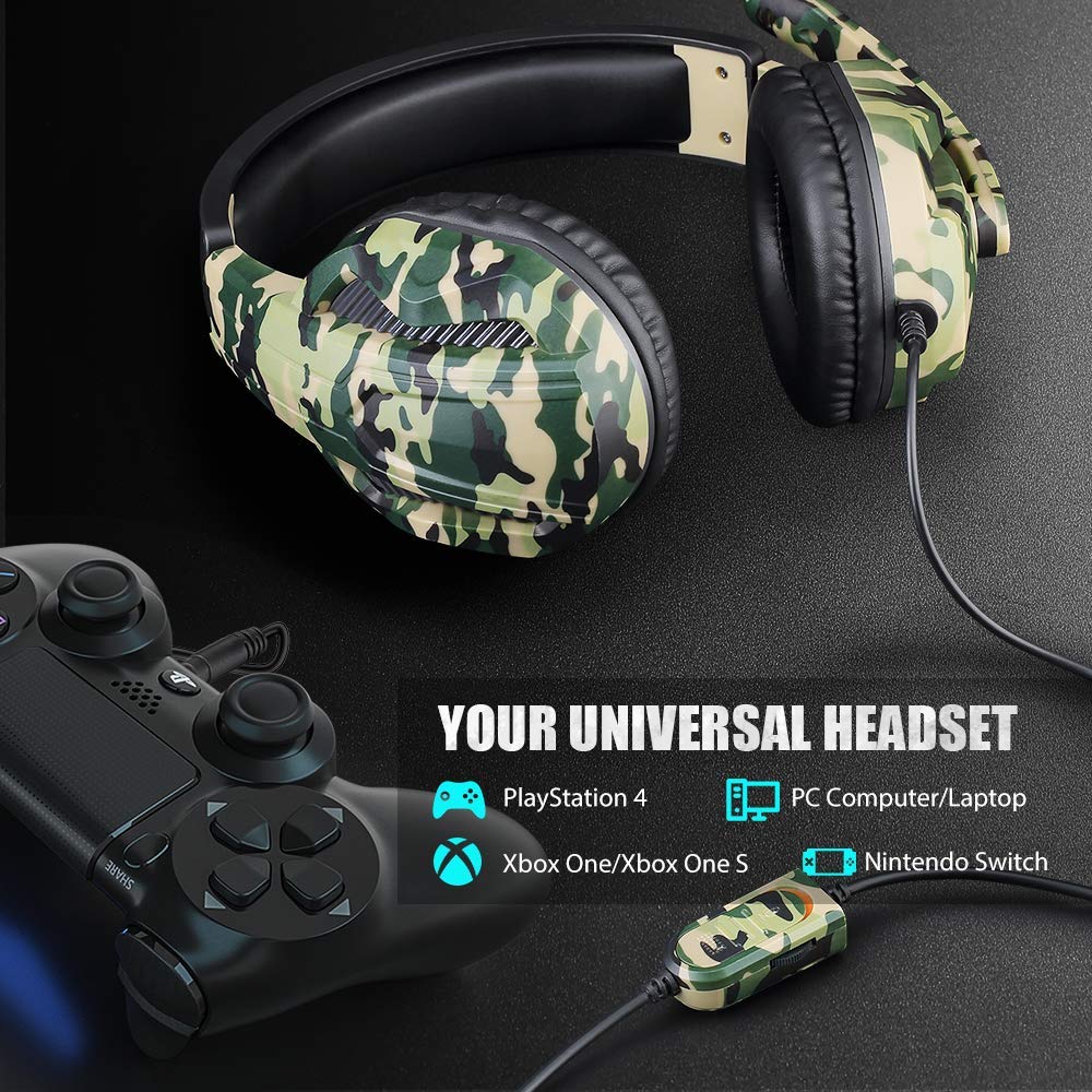 Picozon Gaming Headset with Noise Cancelling Mic - 3.5mm Wired Headphones for PS5, PS4, Xbox, PC, Laptop, iPad, Smartphones - Lightweight Over-Ear Design with Crystal Clear Sound - Perfect for Gaming, Streaming & Online Classes (Camouflage Green)