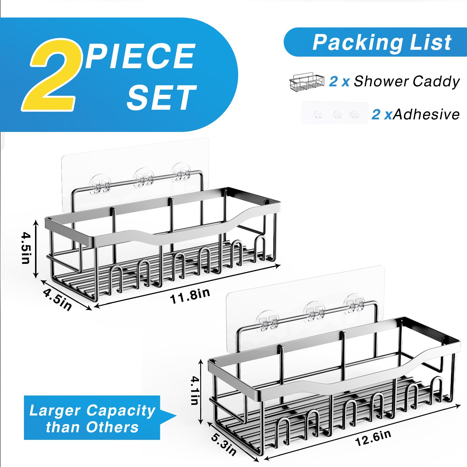 2 Pack Rustproof Stainless Steel Shower Caddy - No Drill Adhesive Bathroom Organizer for Shower Storage, Home Decor & Kitchen Organization | Perfect for Small Bathrooms, Apartments & Dorm Rooms