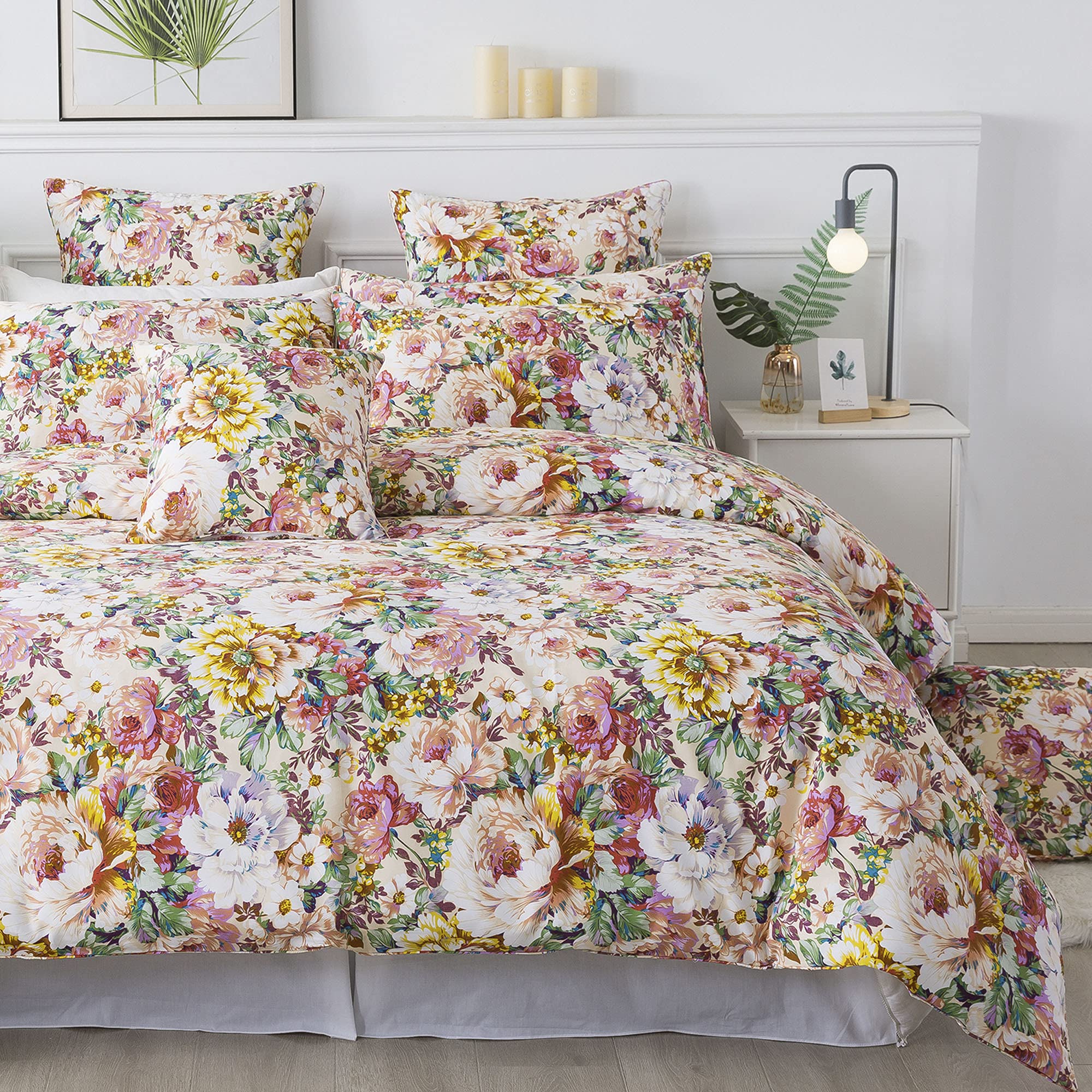FADFAY 100% Cotton 600 TC Queen Size Floral Duvet Cover Set - Vintage Cottagecore Bedding with Peony Print, Zipper Closure & Corner Ties (3 Piece, Salmon Pink) for Romantic Bedroom Decor & Shabby Chic Home Styling