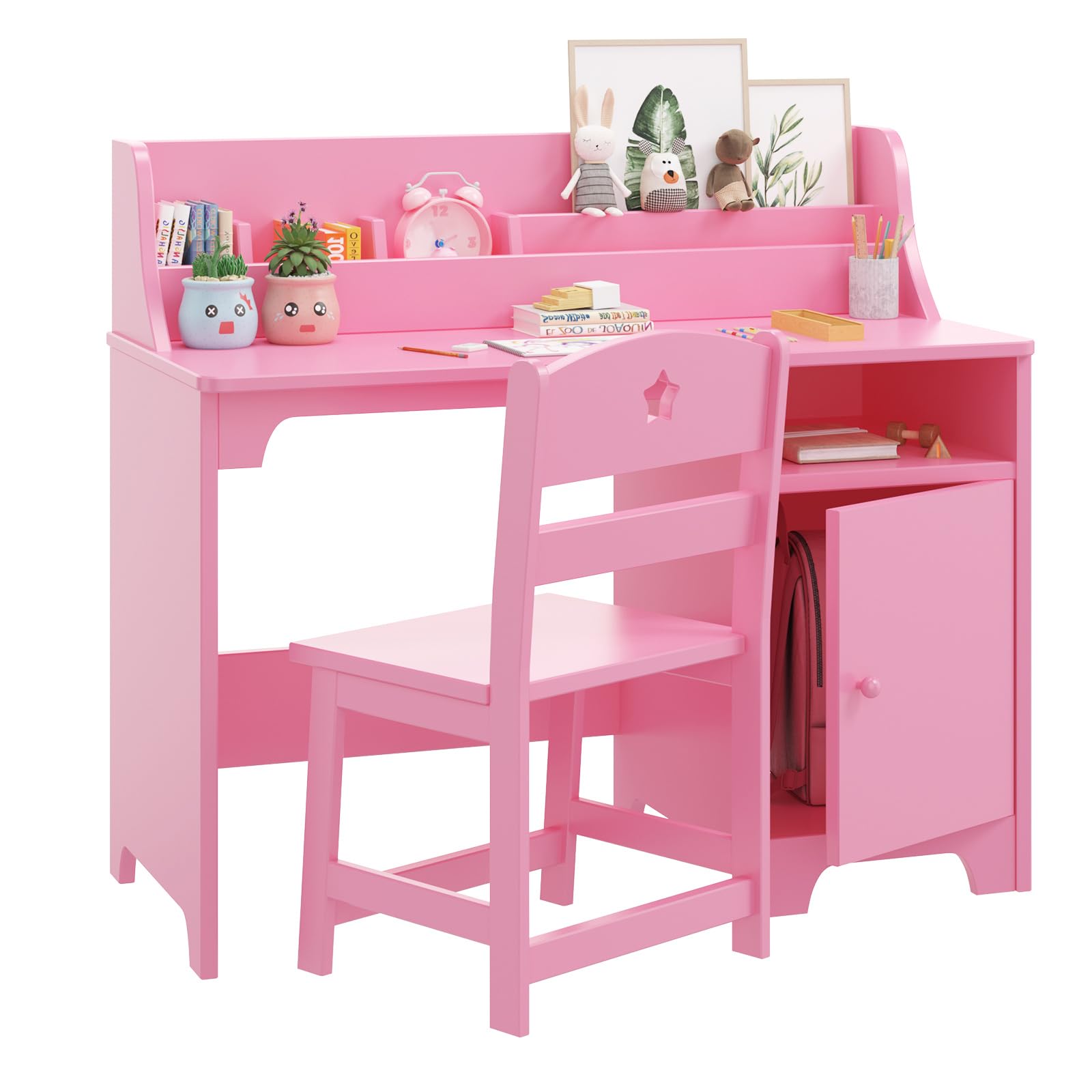 White Kids Desk with Chair - Wooden Study Desk for Boys & Girls, Hutch & Storage Cabinet, Children's Writing Table & Computer Workstation - Perfect for Bedroom, Study Room & Homeschooling (Pink)