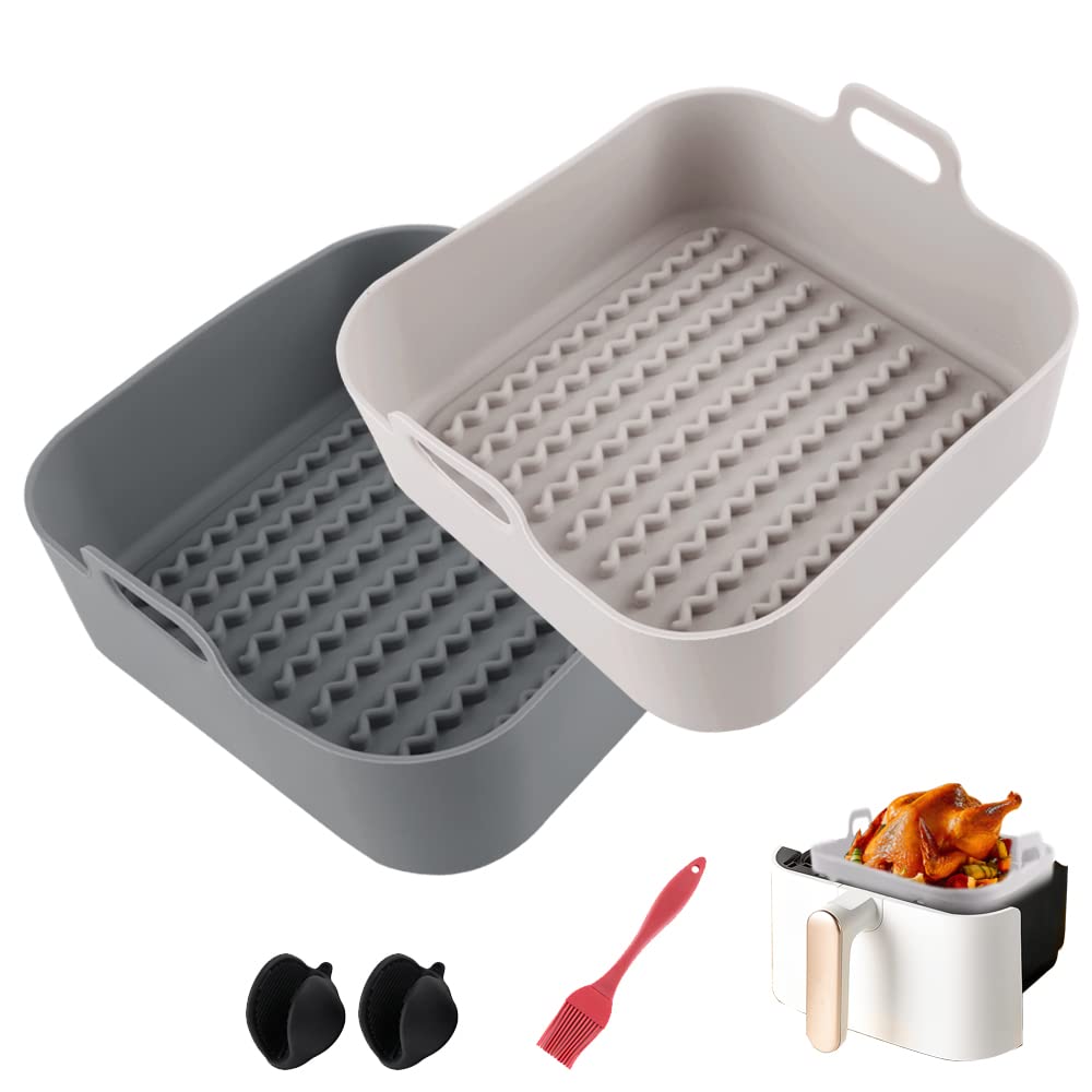 Vilei 2-Pack 8-Inch Square Silicone Air Fryer Liners - Non-Stick, Food Safe, Reusable Basket Accessories for 6+ QT Square Air Fryers - Perfect for Healthy Cooking, Roasting Vegetables & Reheating Leftovers