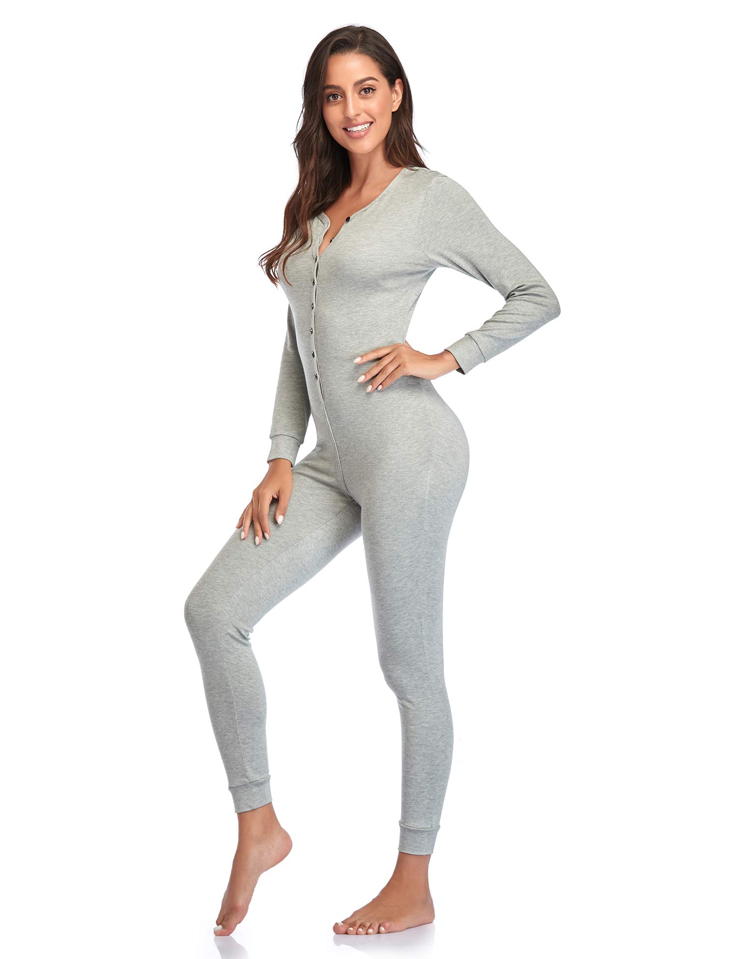 COLORFULLEAF Women's Cotton Pajama Onesie - Thermal One-Piece Union Suit with Henley Neck | Cozy Sleepwear for Winter Nights, Lounge Wear & Home Comfort
