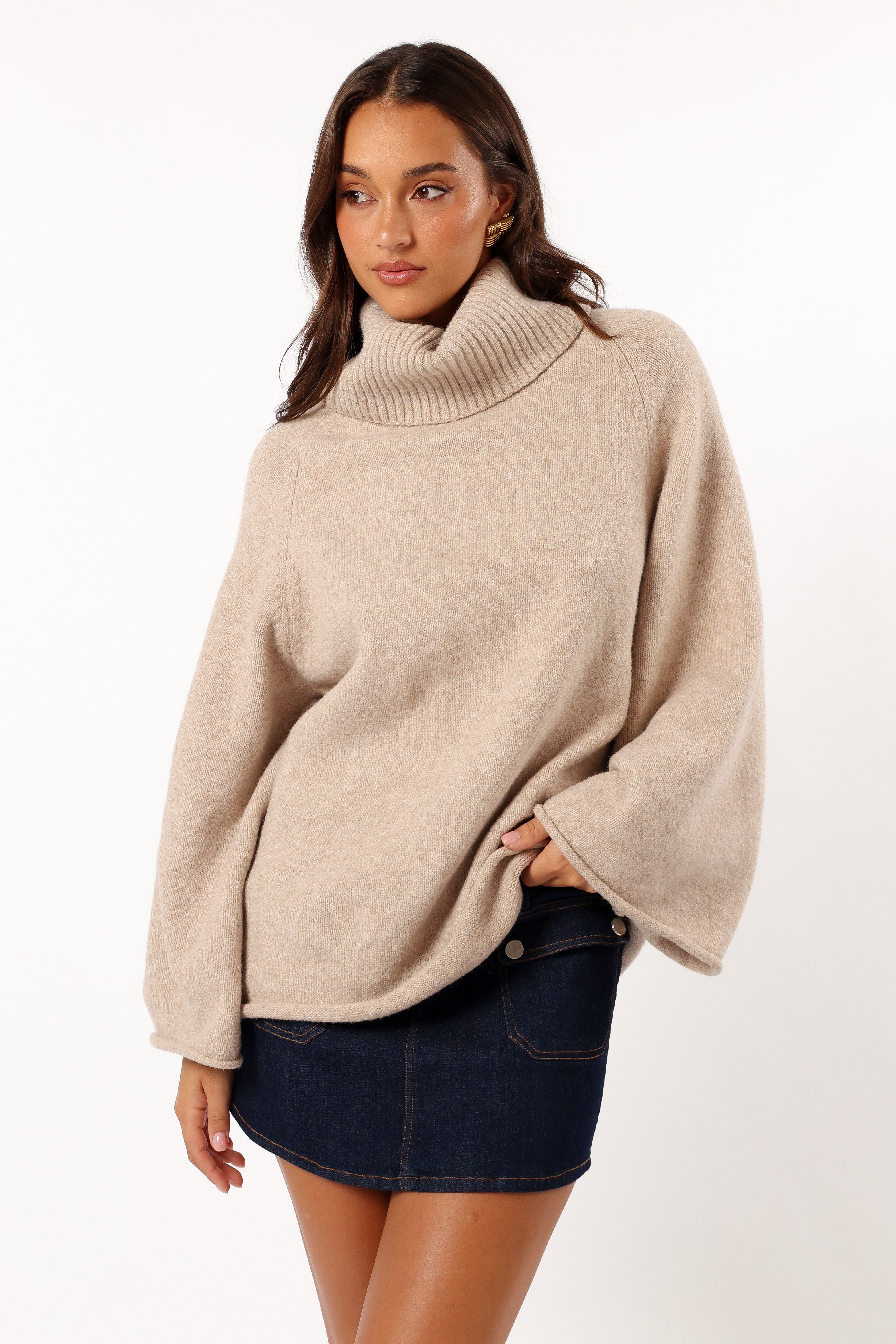 Bindy Cowlneck Knit Sweater Women's Winter Pullover - Soft Oatmeal Cable Knit Turtleneck Top for Casual Outfits & Office Wear