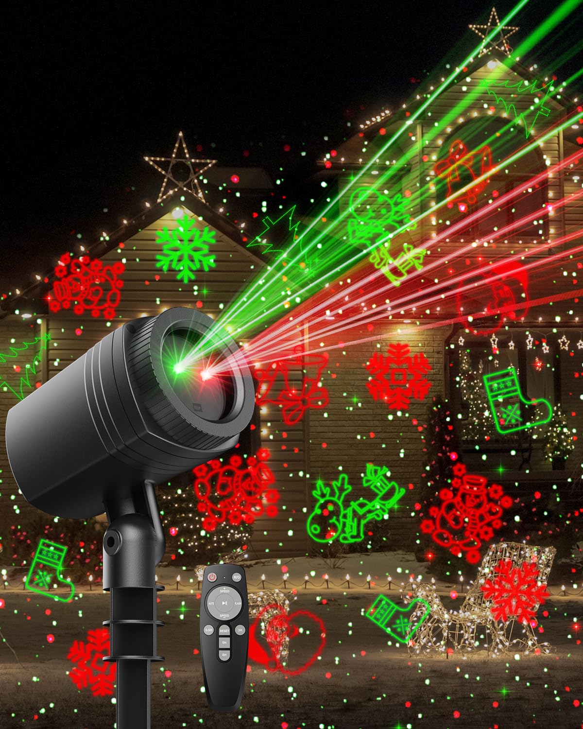 Outdoor Christmas Projector Lights - Red and Green Holiday Laser Lights for House, Garden, and Yard Decorations | 3540 Sq Ft Coverage with Remote Control (Christmas & Fireflies Patterns) - Perfect for Holiday Parties, Home Decor, and Festive Outdoor Lighting