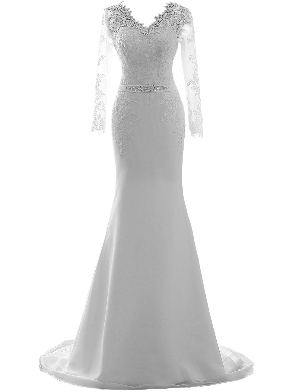 JAEDEN Elegant Long Sleeve Mermaid Wedding Dress with Lace Details and Belt - Perfect for Bridal Ceremony, Formal Events & Photoshoots