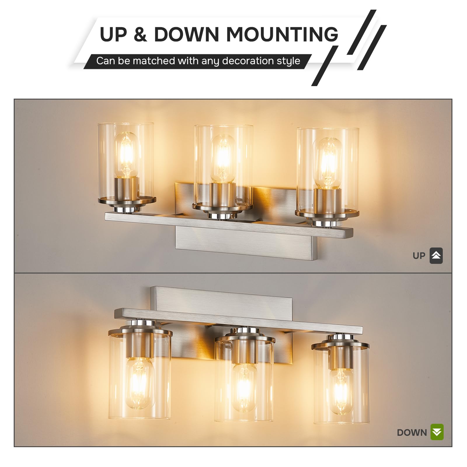 3-Light Brushed Nickel Bathroom Vanity Light Fixture with Clear Glass Shade & E26 Base - Modern Mirror Lighting for Bathroom, Powder Room & Dressing Area - Perfect for Makeup, Shaving & Home Decor