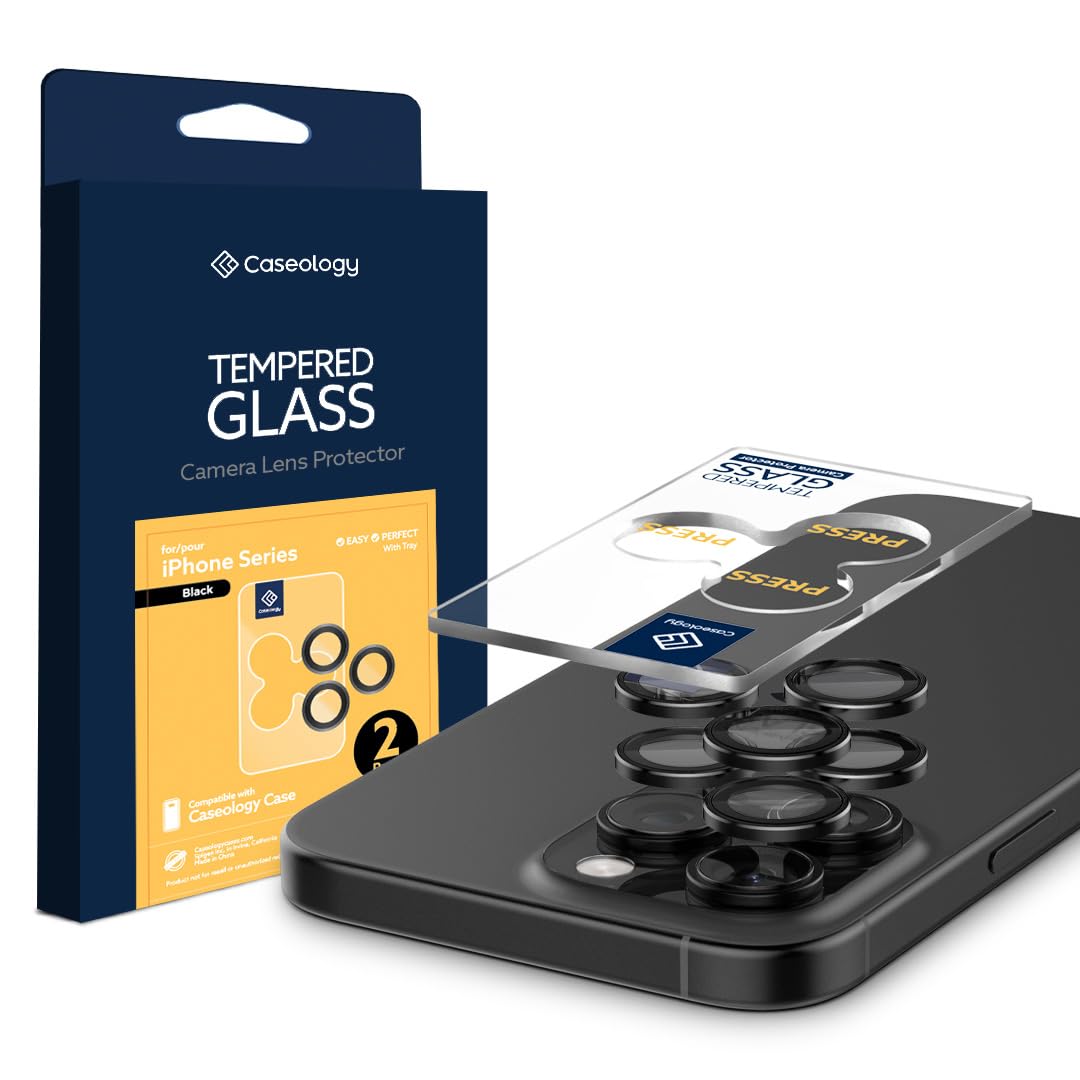 Caseology 2-Pack Camera Lens Protector for iPhone 16 Pro Max/Pro, 15 Pro Max/Pro, 14 Pro Max/Pro - Anti-Scratch, Easy Installation, Black - Perfect for Outdoor Adventures & Daily Protection