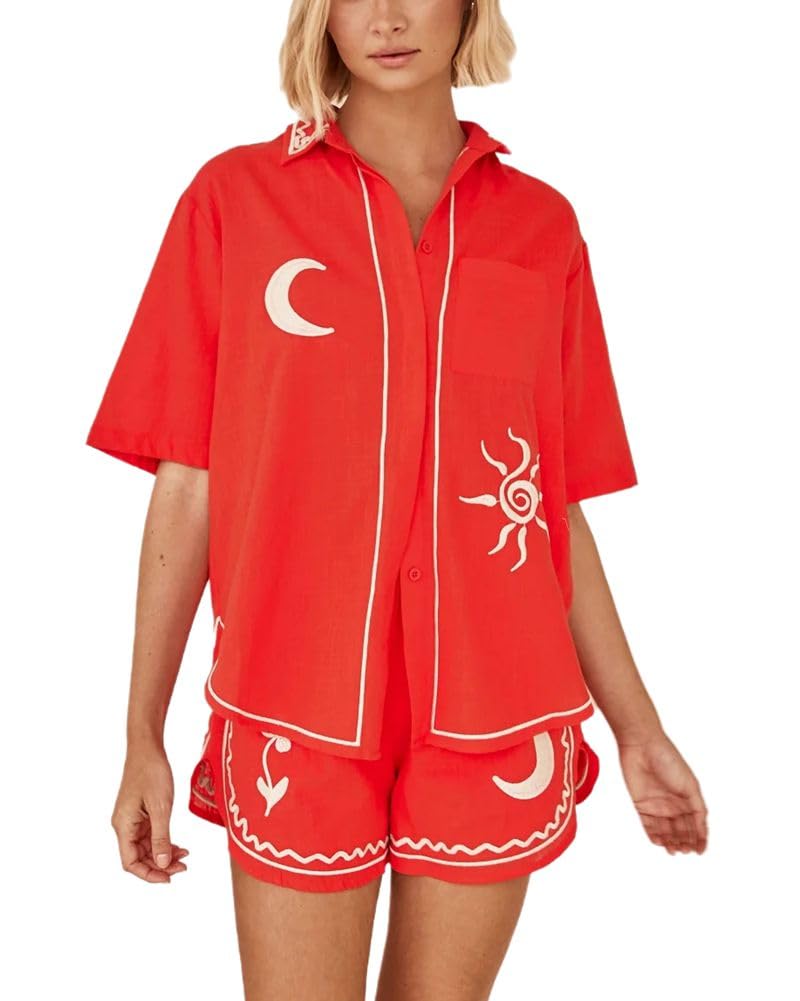 THLAI Women's 2-Piece Linen Lounge Set - Embroidered Short Sleeve Top & Matching Shorts, Casual Summer Tracksuit for Home, Yoga & Beach Outings