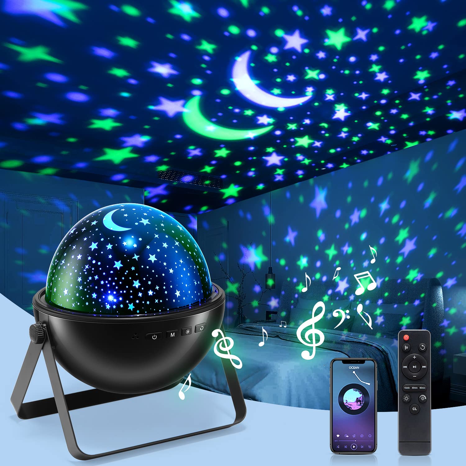 Bluetooth Star Projector Night Light for Kids - 360° Rotating with 12 Colors, Remote Control & Timer | Perfect for Bedrooms, Nurseries, and Relaxation