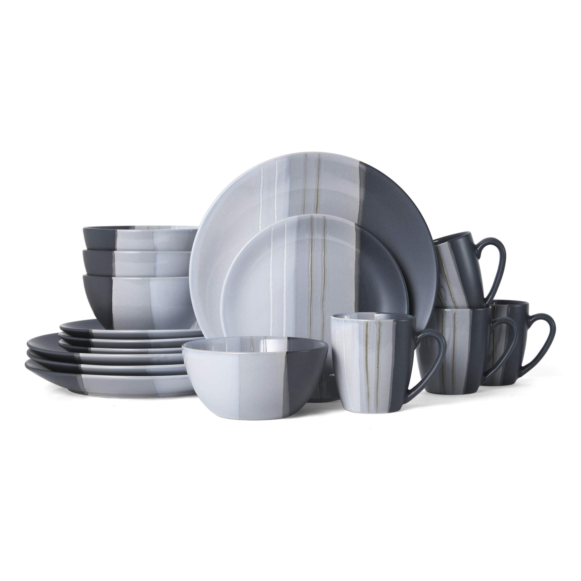 Pfaltzgraff Parker Gray 16-Piece Dinnerware Set for 4 - Modern Stoneware Plates, Bowls & Mugs - Durable Dish Set for Everyday Dining, Family Meals & Entertaining Guests