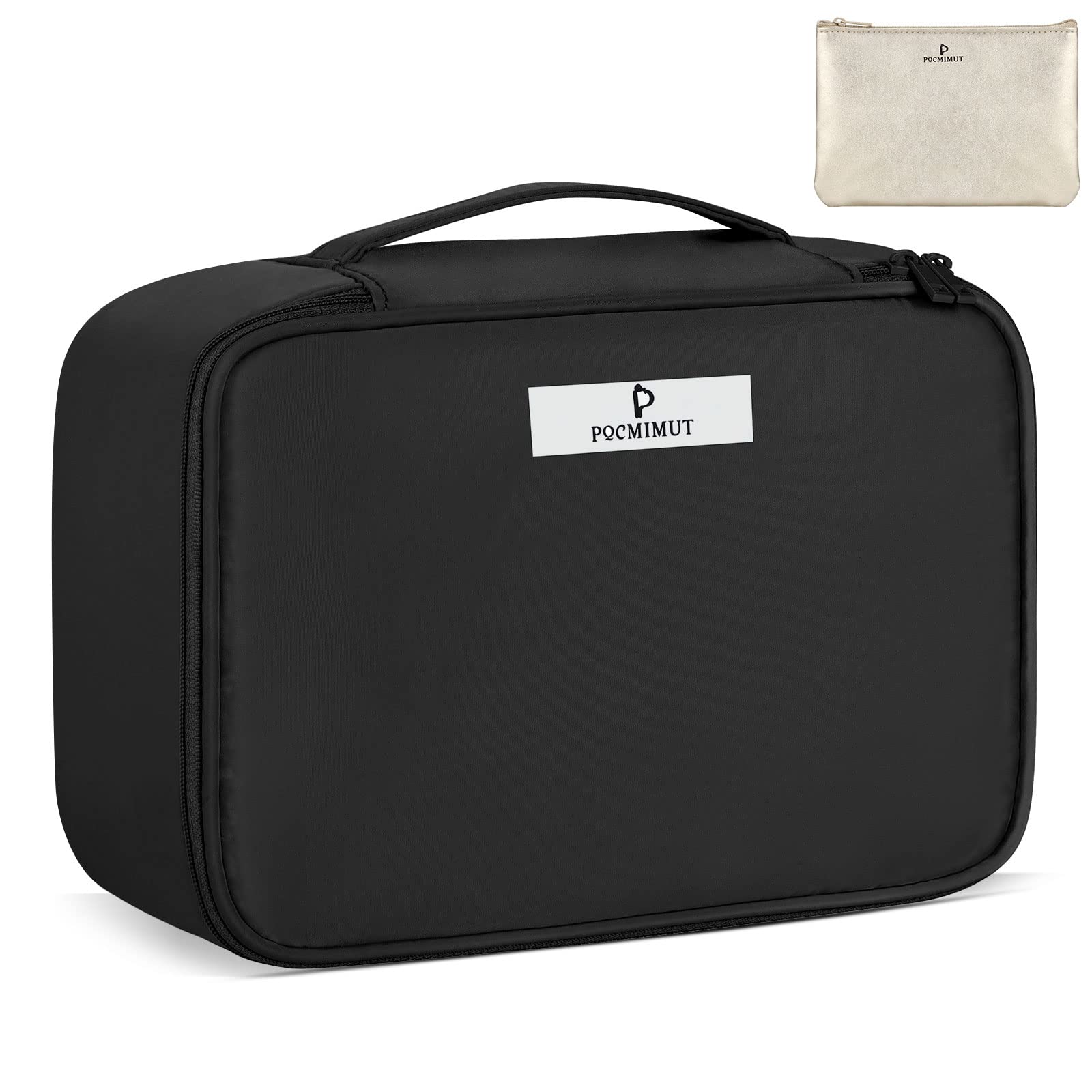 Pocmimut 2-in-1 Large Makeup Bag for Women - Waterproof Travel Cosmetic Organizer with Brush Holder, Reusable Toiletry Bag (Black) | Perfect for Travel, Gym, Daily Use & Gift Giving