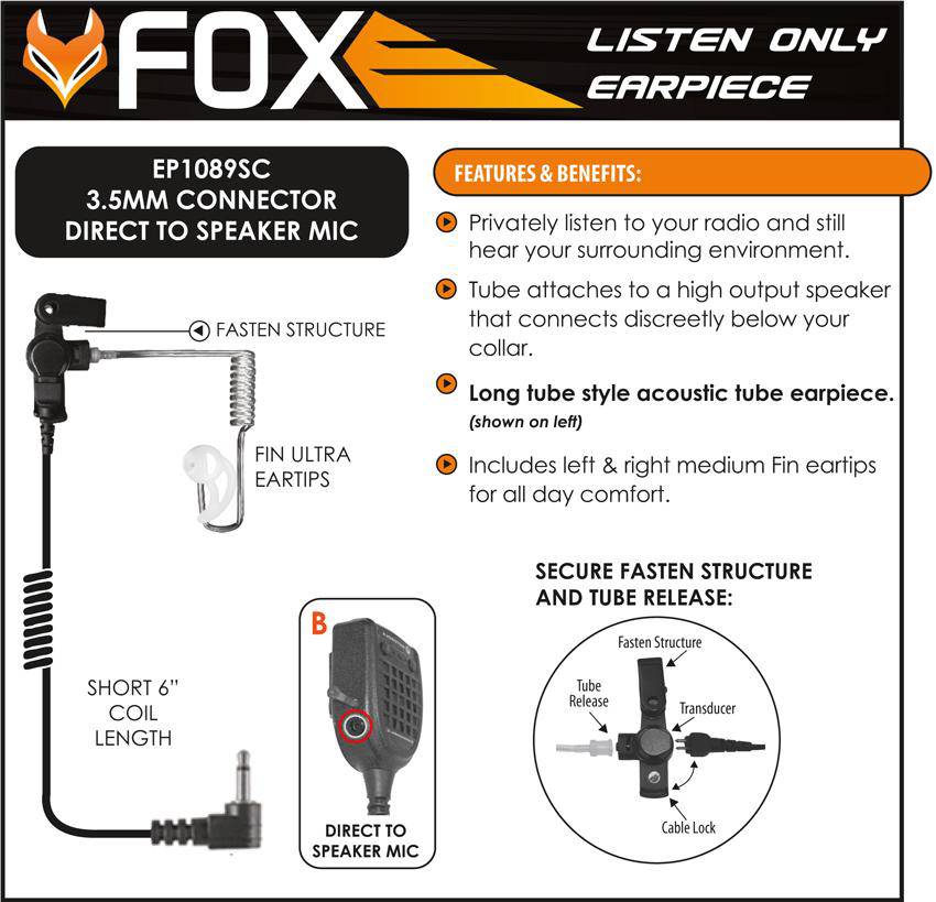 Fox Listen Only Earpiece EP1089SC - 3.5mm Audio Jack Headset for Clear Communication | Perfect for Security, Surveillance & Conference Calls