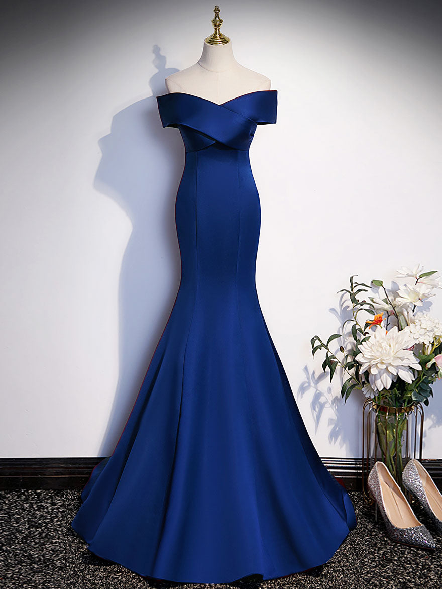 Royal Blue Mermaid Satin Long Prom Dress - Off Shoulder Blue Evening Gown for Women | Perfect for Homecoming, Formal Dances & Special Occasions