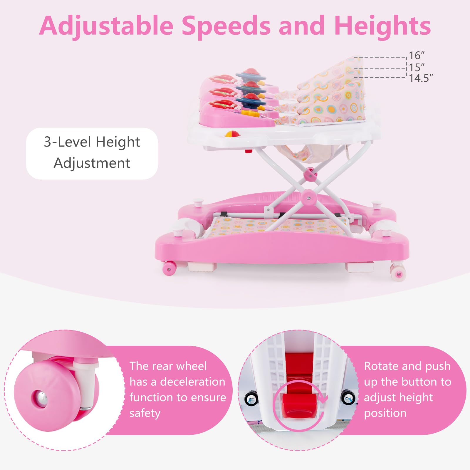 INFANS 5-in-1 Baby Walker for Toddlers - Adjustable Height Learning Walker with Removable Music Tray, Washable Seat Cushion & Foldable Design - Safe Rocker Bouncer Activity Center for Boys & Girls (Pink) - Perfect for Home Playtime & Early Childhood Development