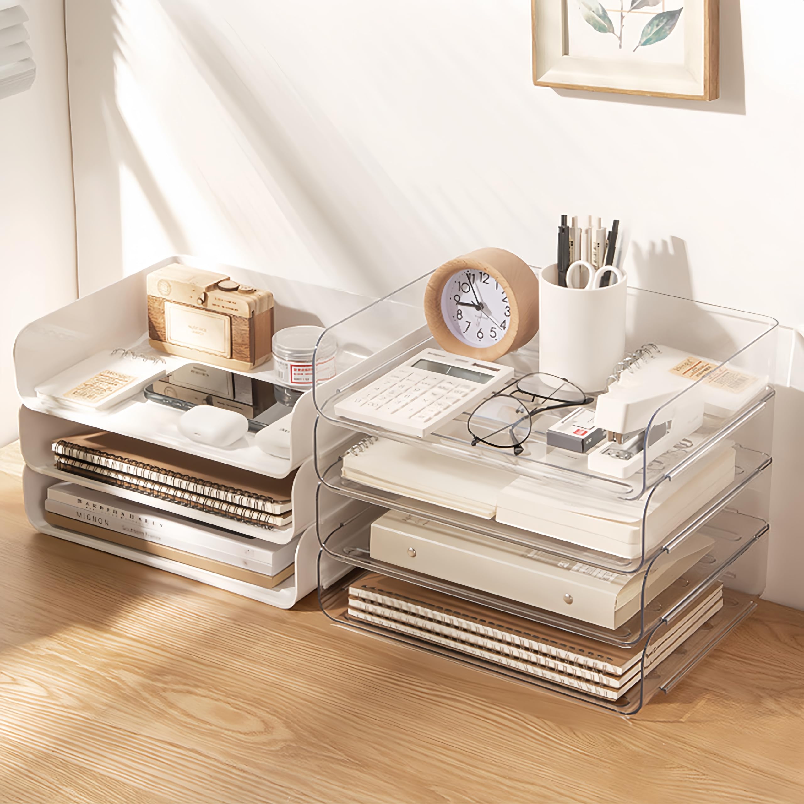 Stackable Clear Desk Organizer - 4 x Wide Entry Letter Tray for Office Paper, Files & Books Storage | Perfect for Home Office, School & Workspace Organization