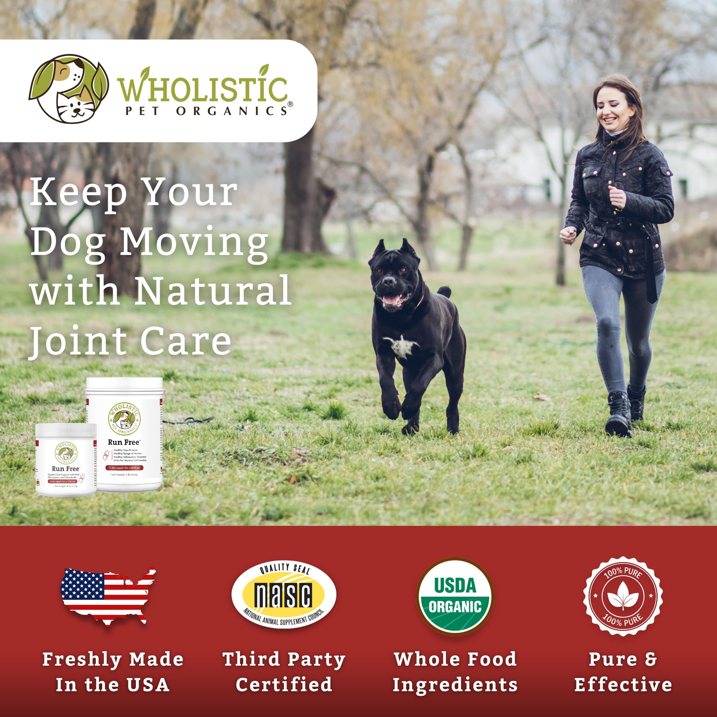 Wholistic Pet Organics Run Free - 1 Lb - Glucosamine Chondroitin MSM Dog Joint Supplement for Senior Dogs & Cats, Hip & Joint Pain Relief, Mobility Support - Ideal for Active Pets & Aging Animals