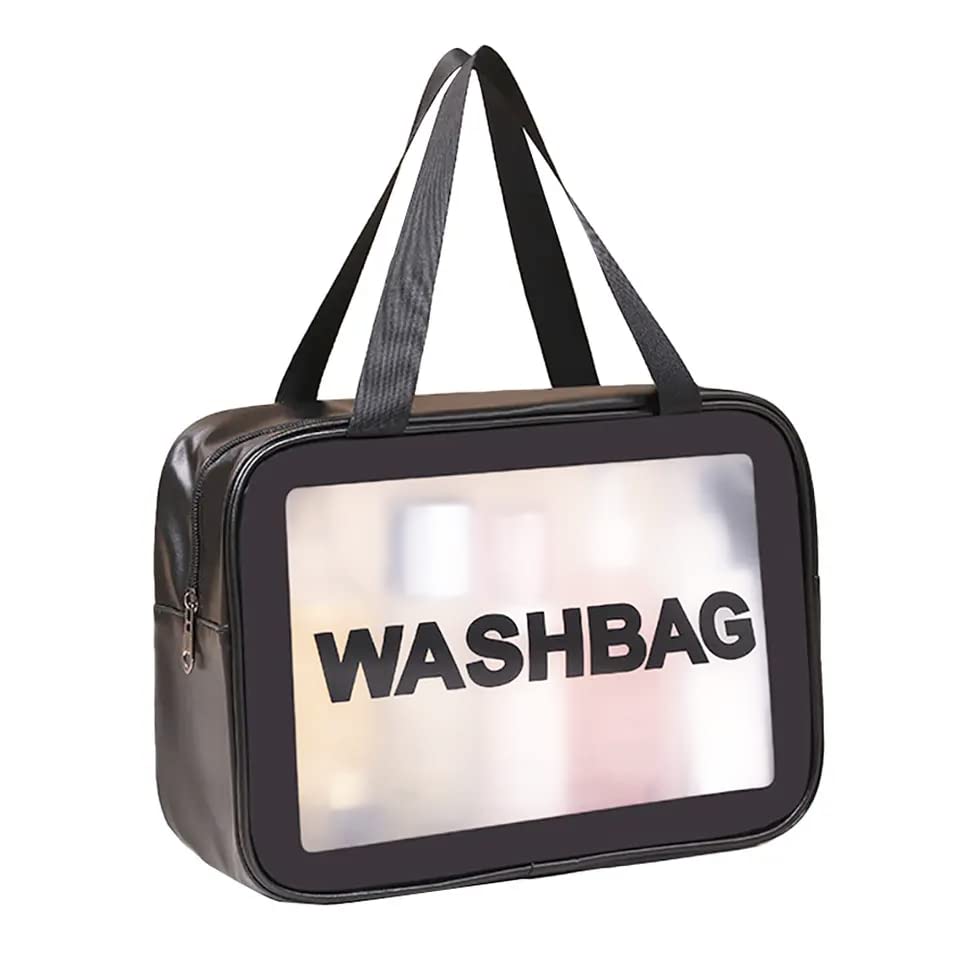 VALAMJI Waterproof Transparent Cosmetic Bag - Travel Toiletry Organizer with Zipper & Handle, Washable Makeup Pouch for Women & Girls (1PC, Black) - Perfect for Air Travel, Gym, Beach & Daily Essentials Storage