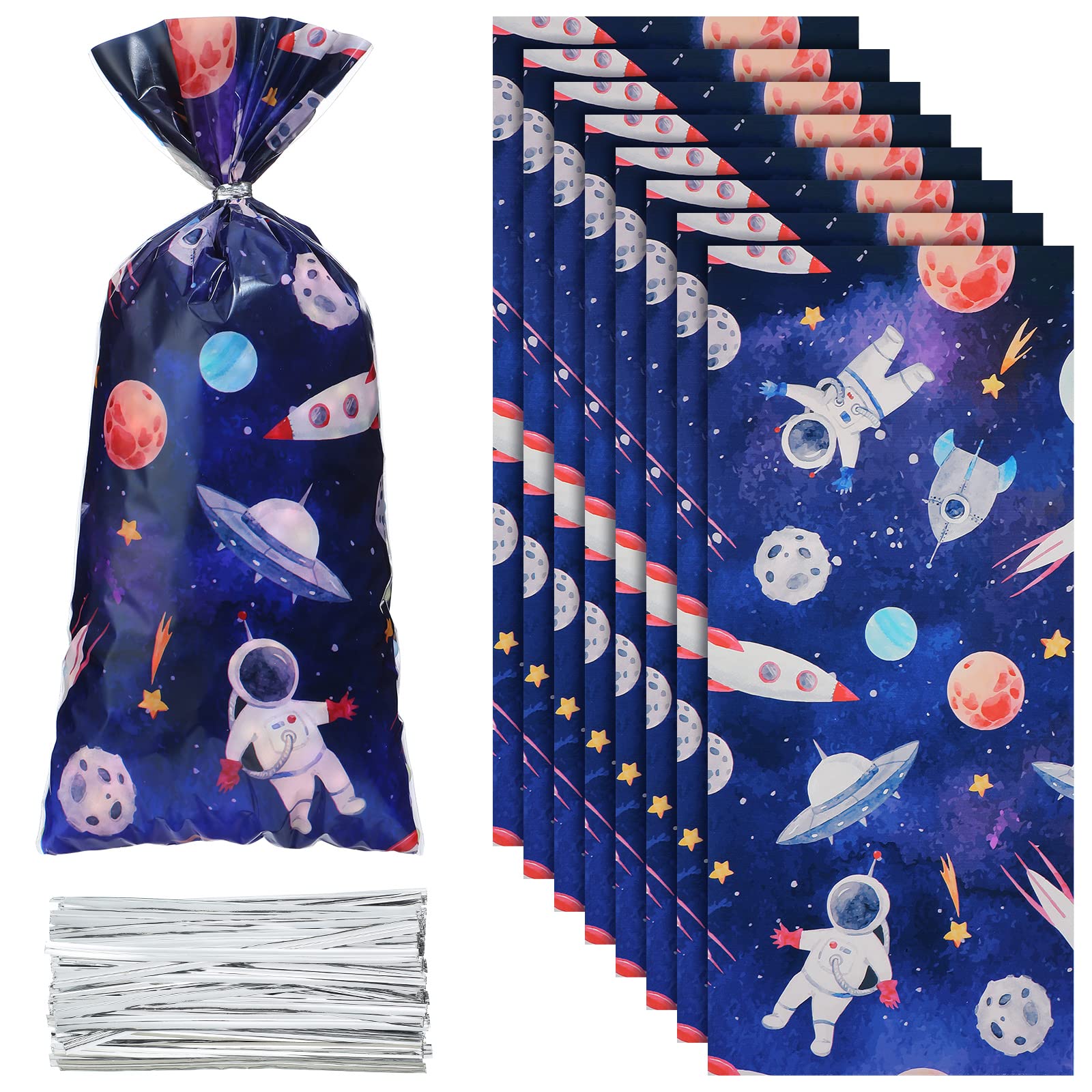 Yexiya 120 Pcs Outer Space Cellophane Bags - Galaxy Themed Plastic Goodie Bags for Astronaut Party Favors, Candy & Birthday Decorations - Perfect for Space-Themed Birthday Parties, Baby Showers & Classroom Rewards