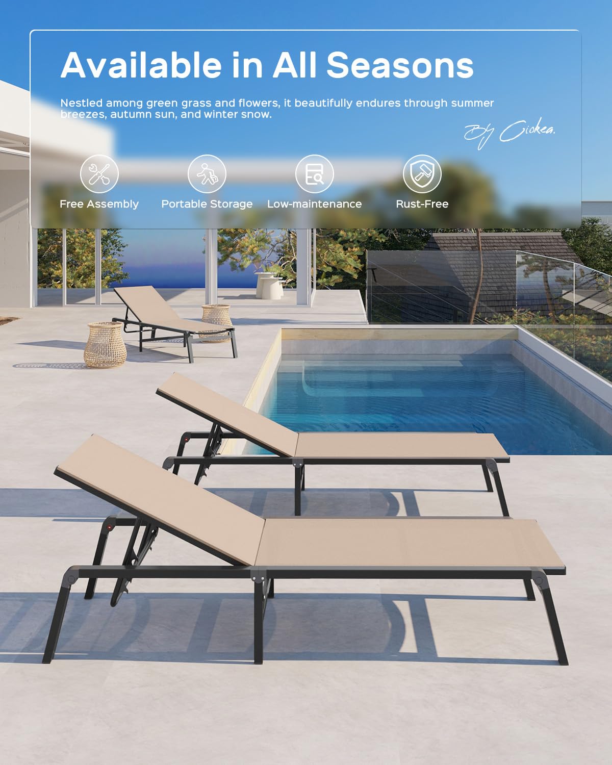 Foldable Aluminum Chaise Lounge Chair - 5 Adjustable Backrest Outdoor Patio Furniture for Poolside, Beach & Backyard Relaxation - Lightweight & Easy Assembly Free Design (Khaki) - Perfect for Sunbathing, Lounging by the Pool or Beach Vacation