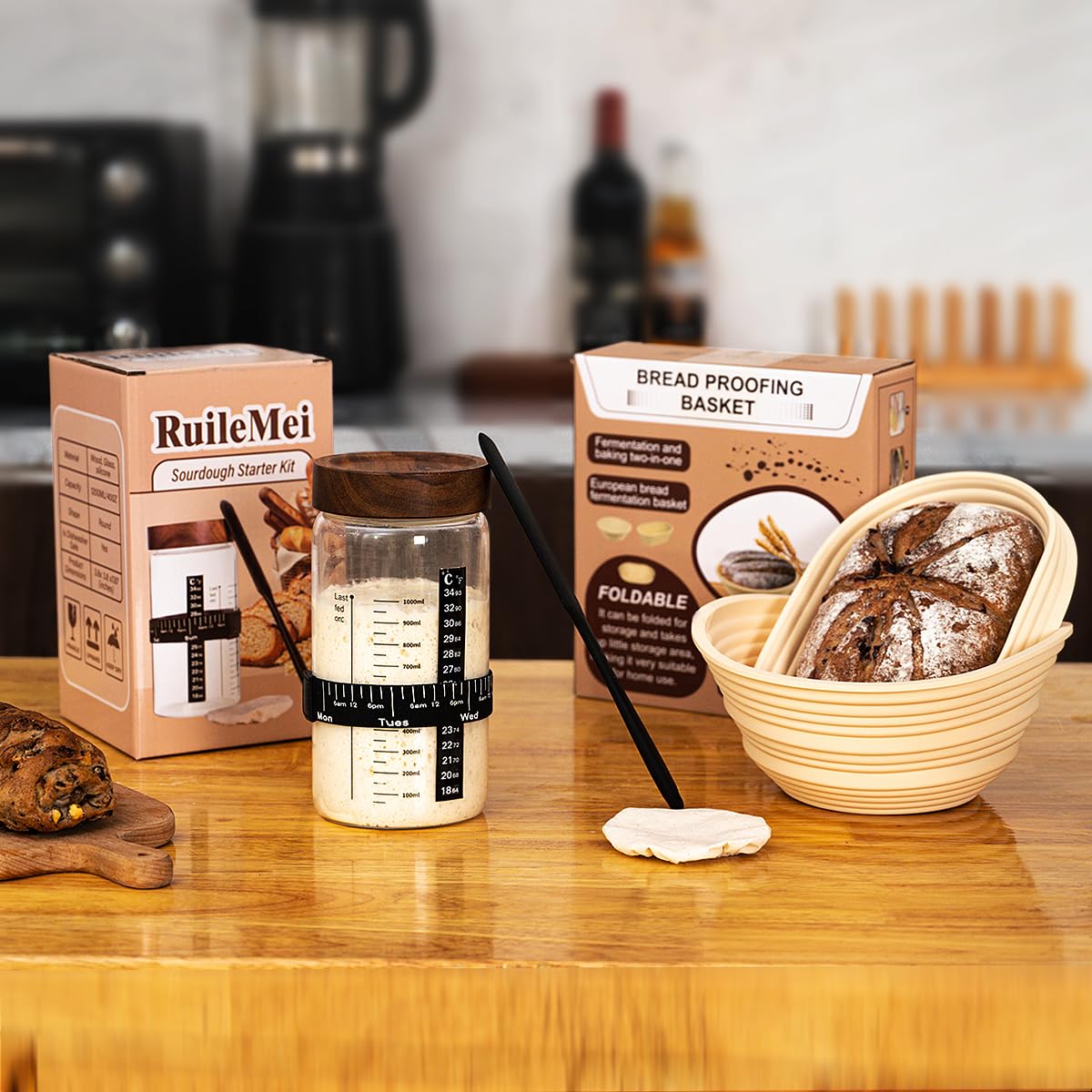 Organic Sourdough Bread Baking Kit with 2 Silicone Banneton Proofing Baskets & Starter Jar - Perfect for Artisan Homemade Bread, Pizza Dough & Pastry Making at Home