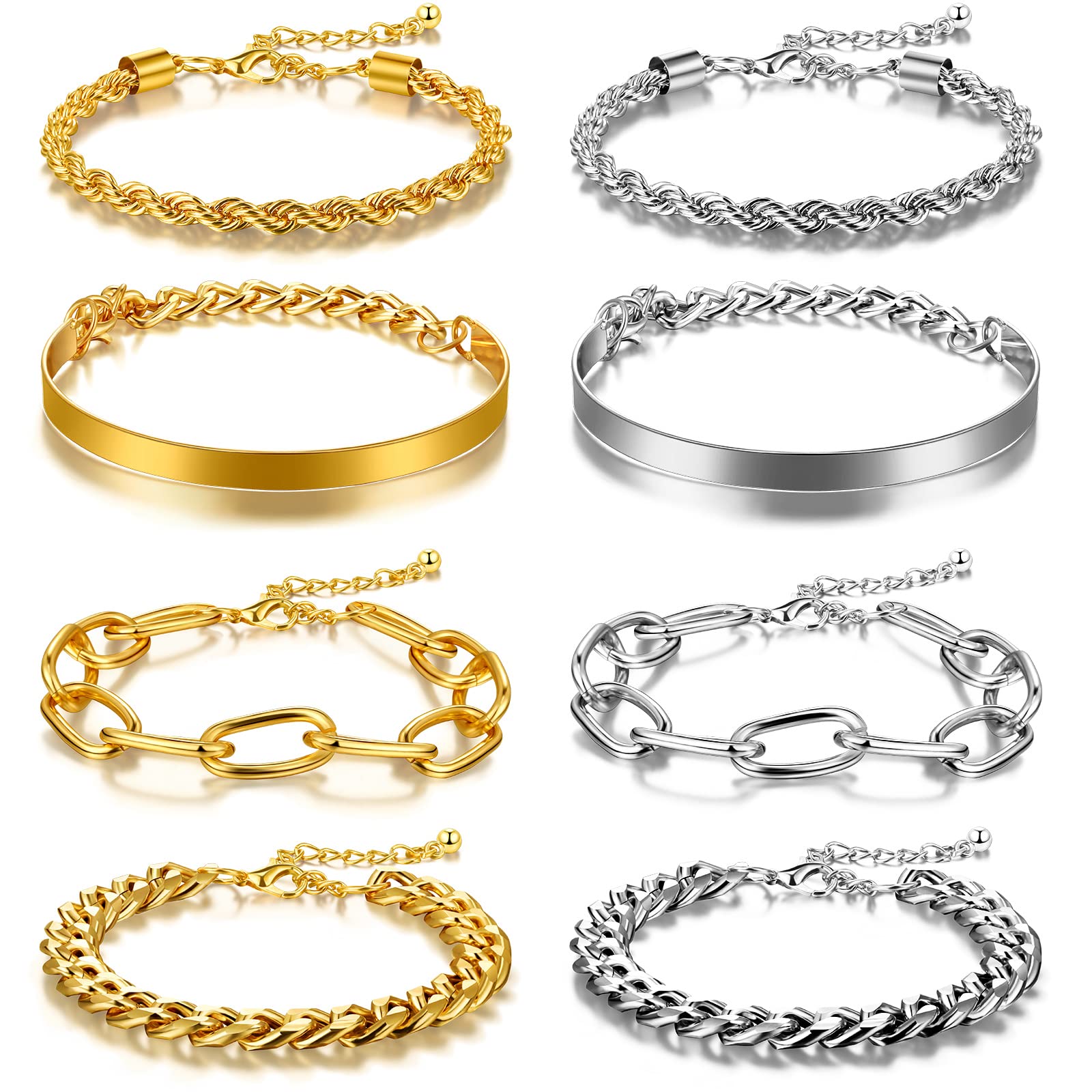 8-Piece Gold and Silver Bracelet Set for Women - Adjustable Chain, Flat Cable & Chunky Layered Bracelets - Trendy Jewelry Gift for Women & Girls - Perfect for Layering, Everyday Wear & Special Occasions