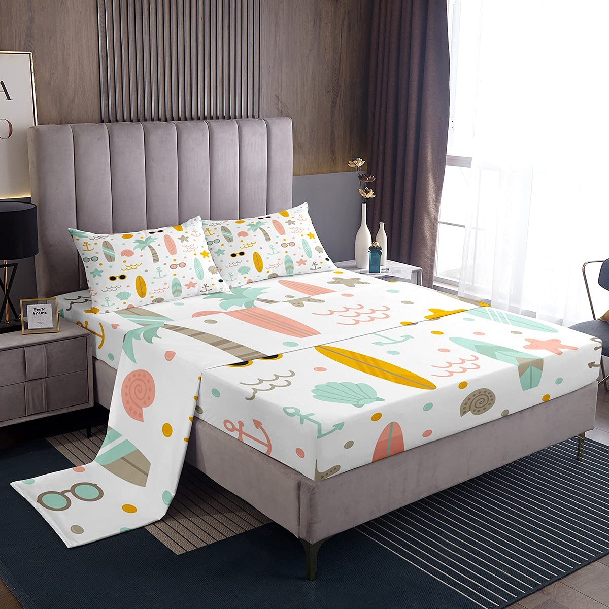 Nautical Anchor Kids Bedding Set - Queen Size Ocean Themed Bed Sheets for Boys, Girls & Teens - Hawaii Palm Tree, Surfboard, Starfish Design - Includes Fitted Sheet, Flat Sheet & 2 Pillowcases - Perfect for Beach House, Coastal Decor or Summer Bedroom Theme