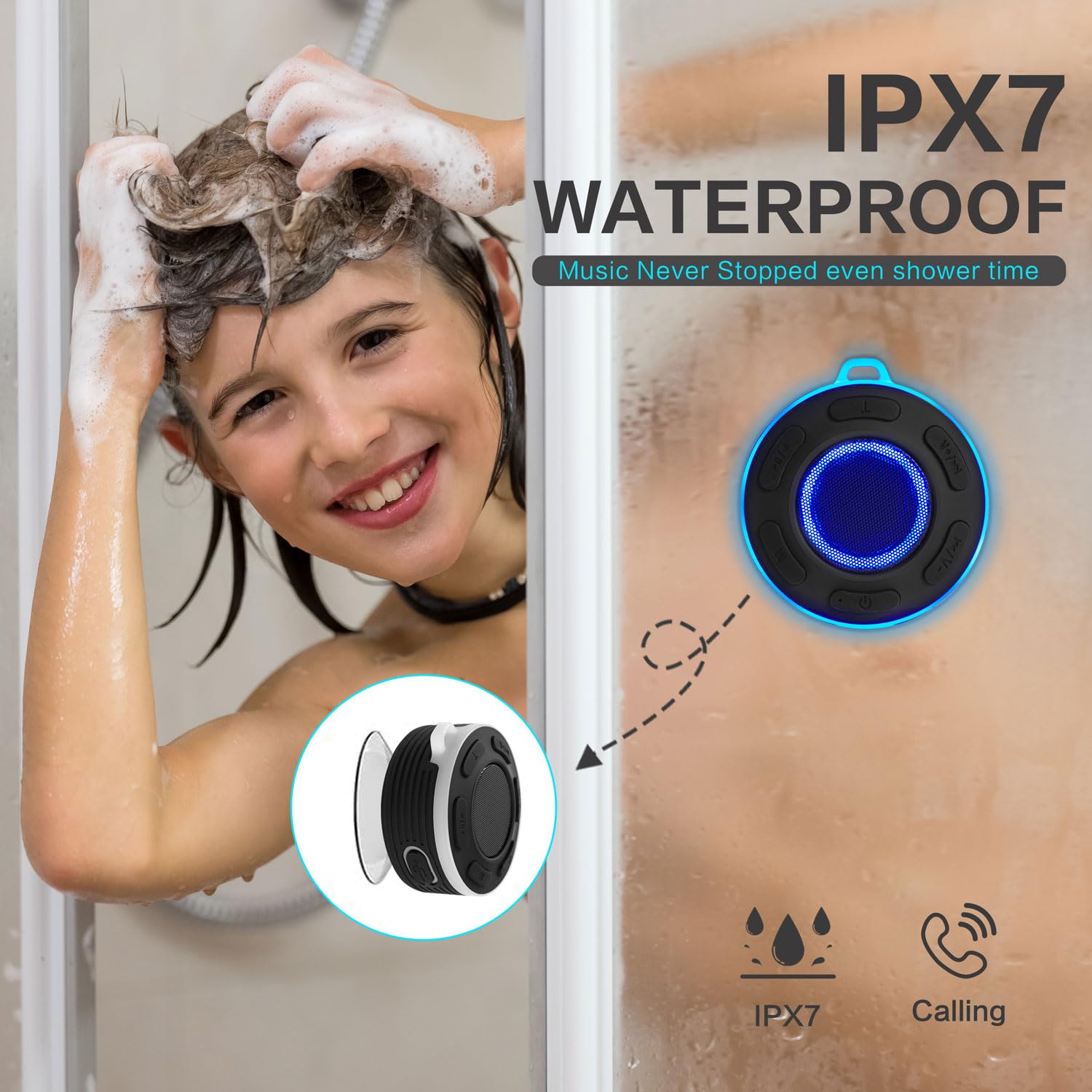 JK&EROSSTARS 便携蓝牙音箱 - HiFi立体声 LED灯 IP7防水 带吸盘 内置麦克风 免提通话 适用于户外、浴室、露营、派对、旅行
