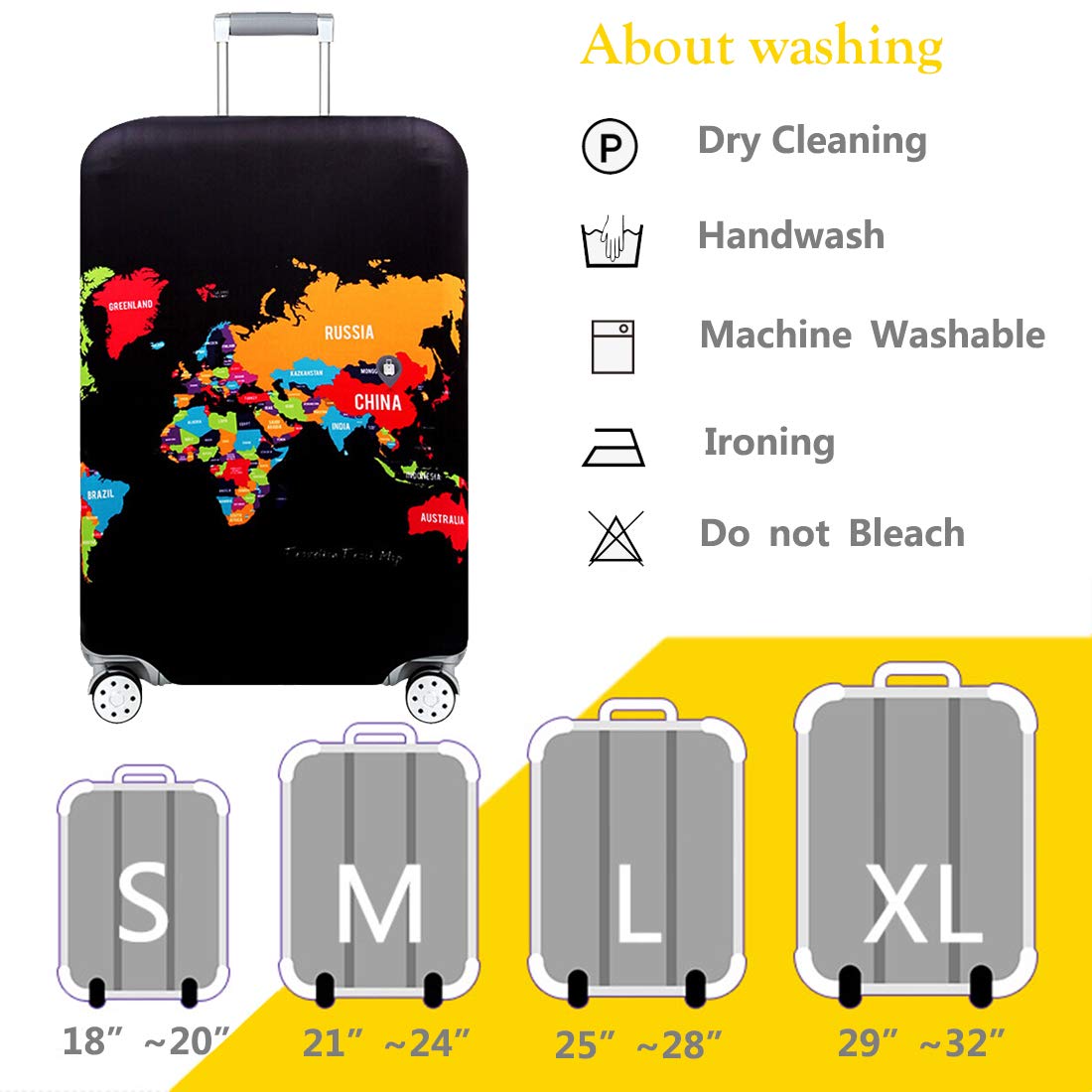 TRAVEL KIN Washable Luggage Cover - Thickened Spandex Suitcase Protector with World Map Design (18/24/28/32 Inch) - Perfect for Air Travel, Vacation & Business Trips