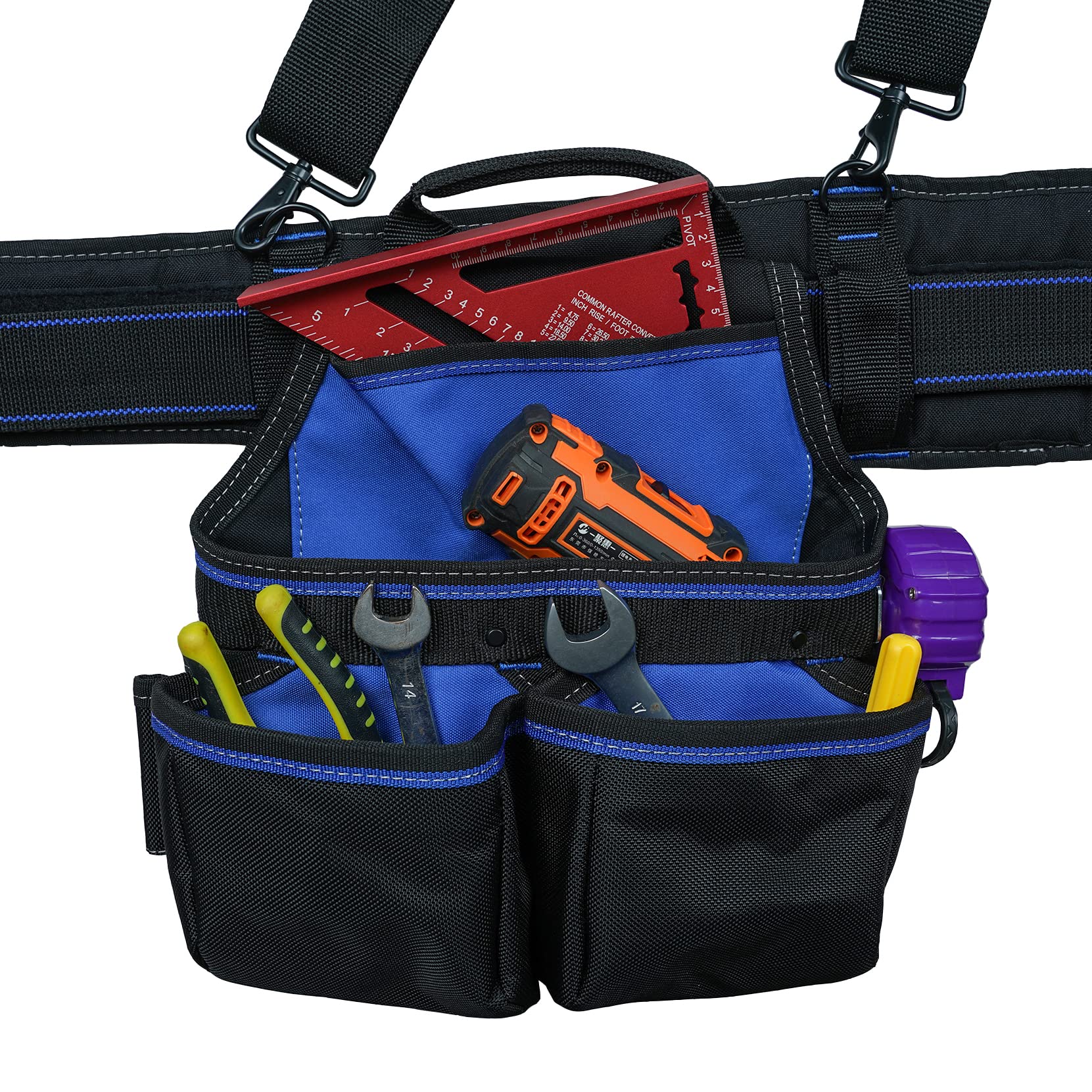 MELOTOUGH Pro Heavy Duty Carpenter Tool Belt with Suspenders - Multi-Function Builder Apron & Pouch Combo System (Blue) - Ideal for Framing, Construction & Woodworking Projects