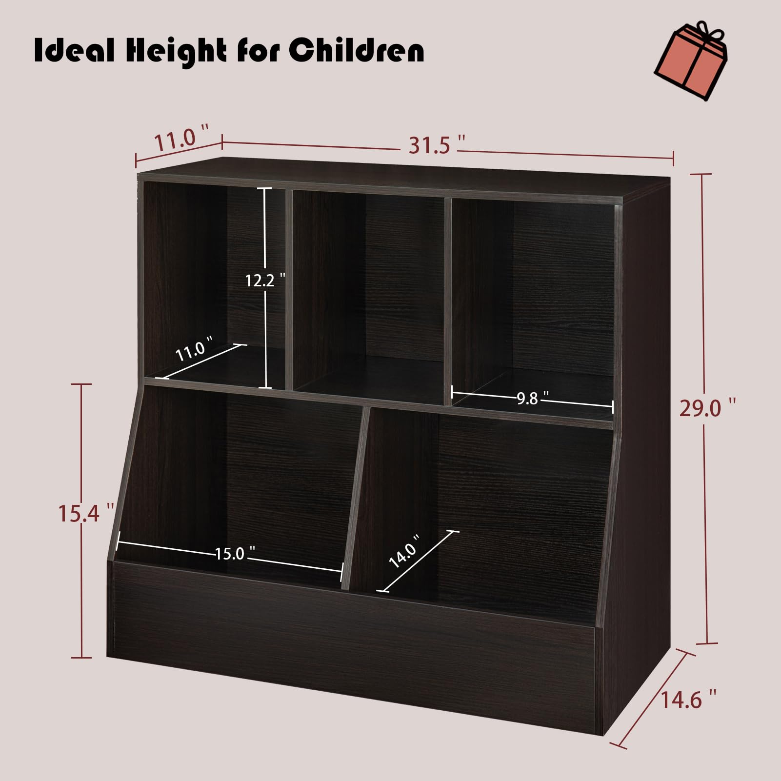 DINZI LVJ 5-Cubby Wooden Toy Storage Organizer & Kids Bookshelf - Espresso Finish, 31.5