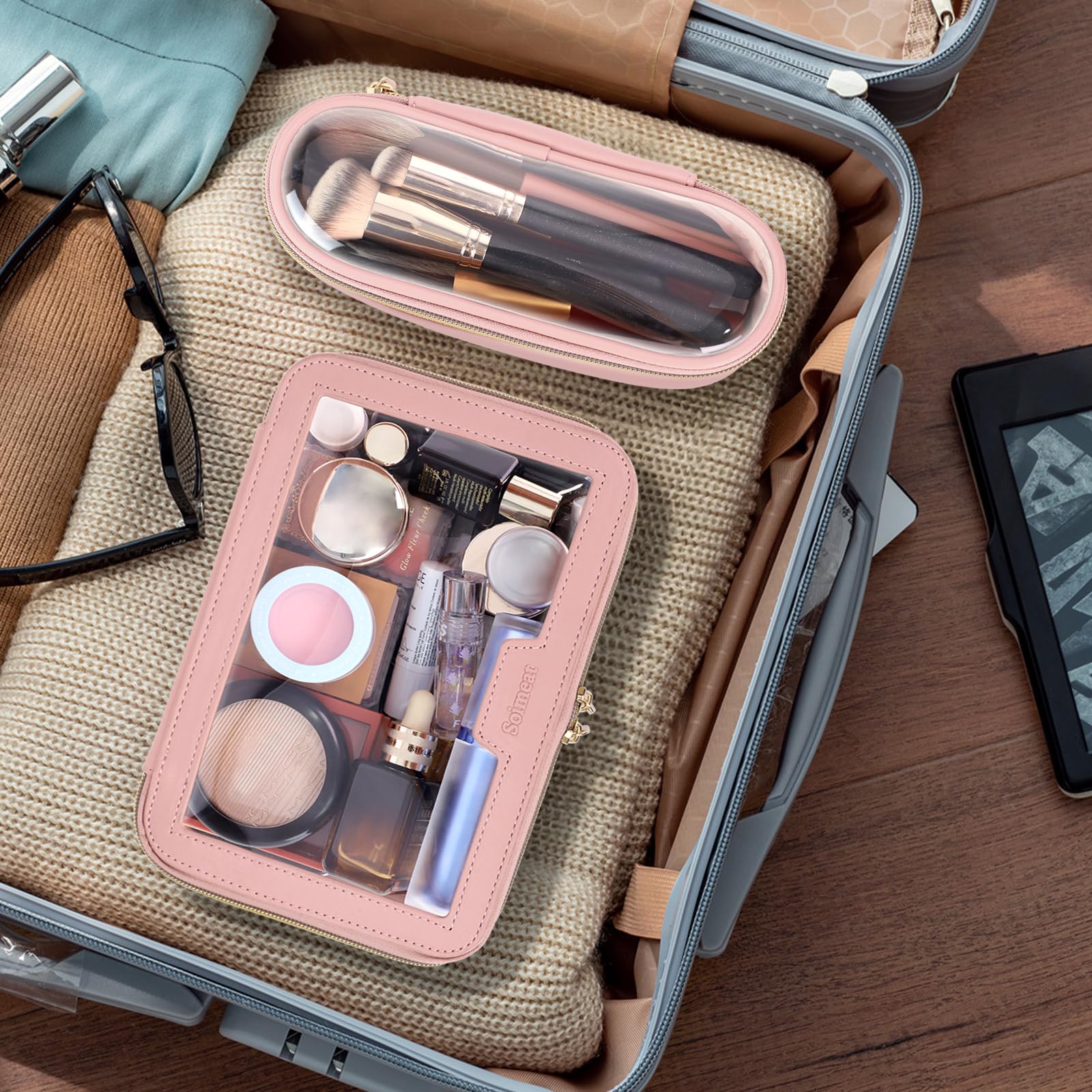 Travel Clear Makeup Bag with Brush Holder - Leather Waterproof Toiletry Organizer Case for Women | Portable Transparent Cosmetic Storage Pouch | Perfect for Air Travel, Gym & Daily Essentials (Medium, Pink)