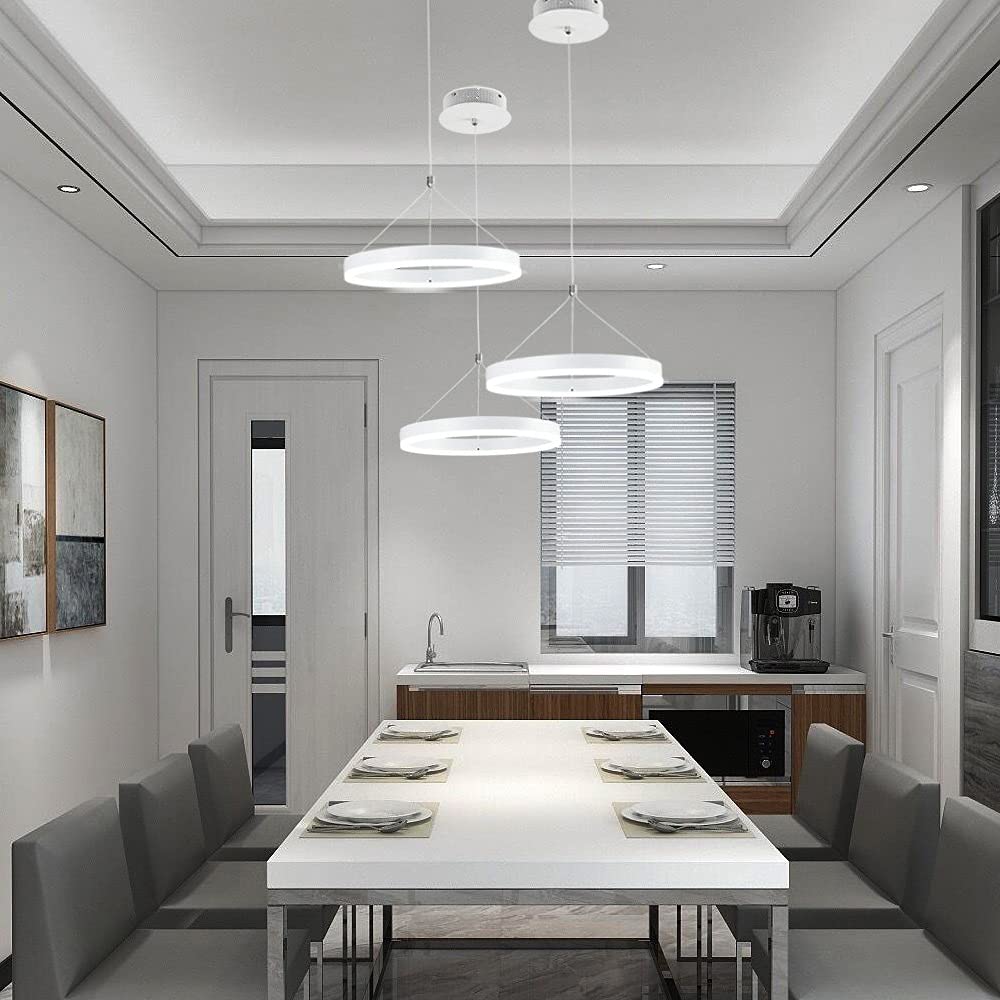 HomeLava 3-Pack LED Modern Circular Pendant Light - 18W Adjustable Hanging Chandelier with Silver Rings & Pearl White Finish - Perfect for Living Room, Dining Room, Bedroom Ceiling Lighting | Energy-Efficient & Stylish Home Decor