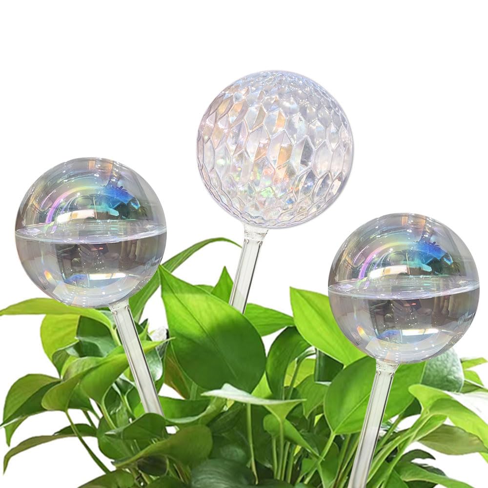17 Oz 2-Week Self-Watering Glass Globes for Plants - Large Vacation Plant Watering Bulbs - Slow Release Indoor/Outdoor Potted Plant Care - Iridescent 3-Pack - Perfect for Home, Office, Garden & Travel Use