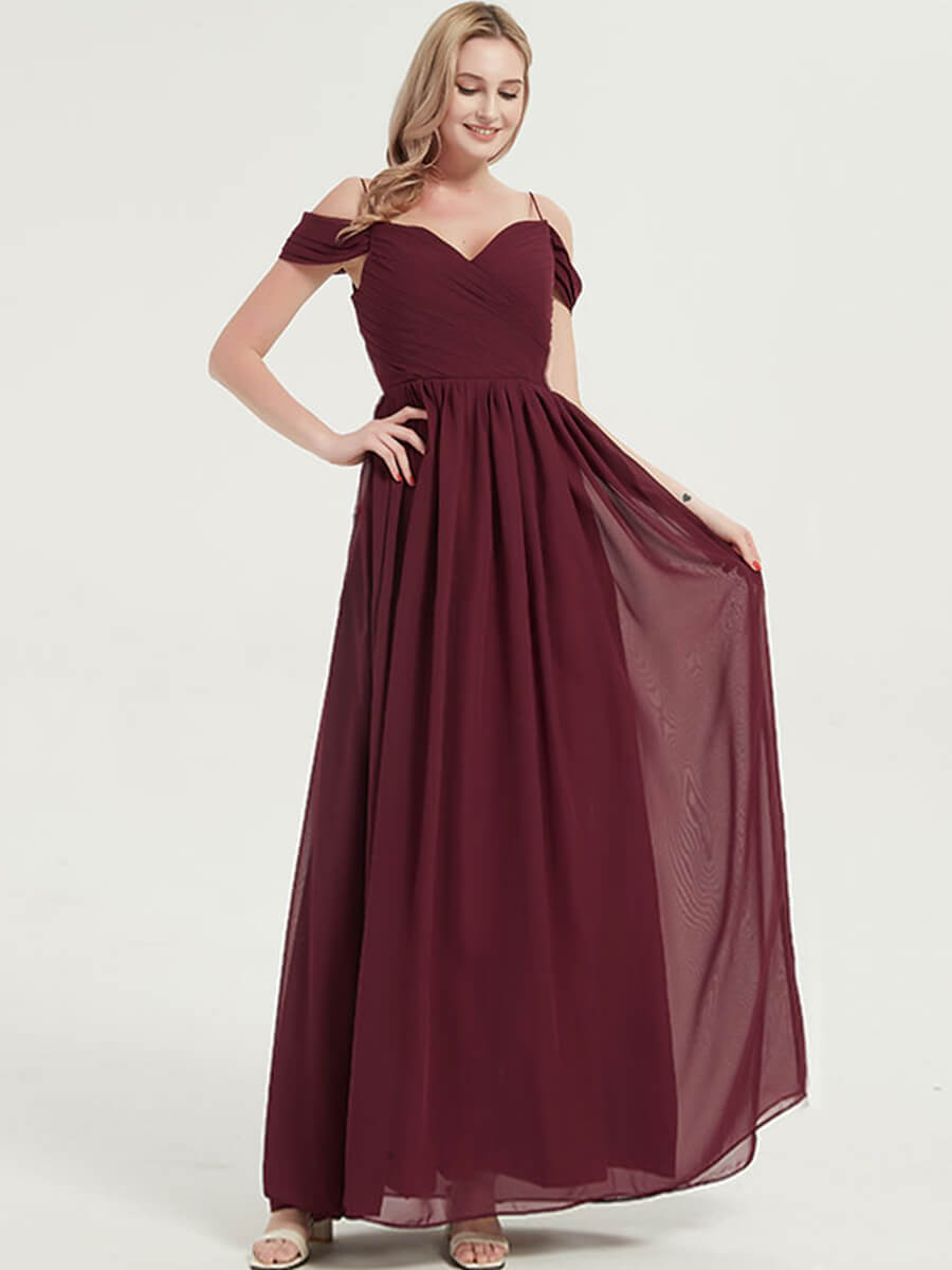 Elegant Burgundy Cold Shoulder Spaghetti Strap Pleated Chiffon Bridesmaid Dress for Weddings, Parties & Formal Events - Plus Size Options Available