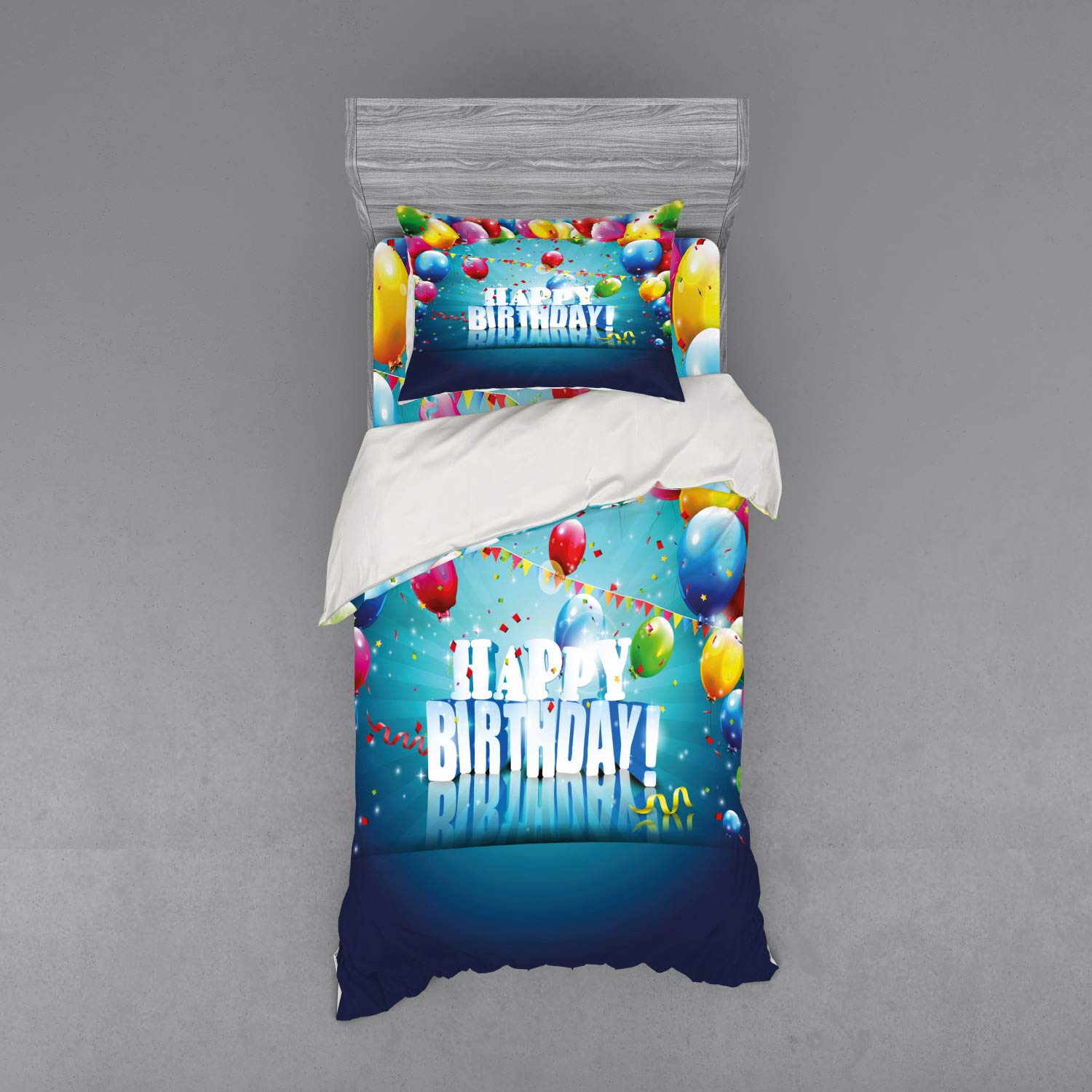 Ambesonne 3D Vibrant Balloons & Flags Duvet Cover Set - Twin Size, 3-Piece Bedding with Sham & Fitted Sheet - Perfect for Birthday Parties & Surprise Celebrations