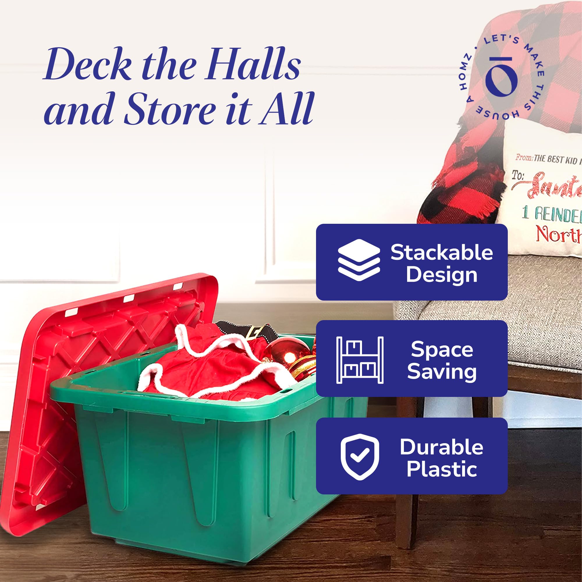 HOMZ 4-Pack 15 Gallon Heavy Duty Plastic Storage Bins with Lids - Durable Stackable Containers for Home Organization (Green/Red) - Perfect for Garage, Closet, and Office Storage Solutions